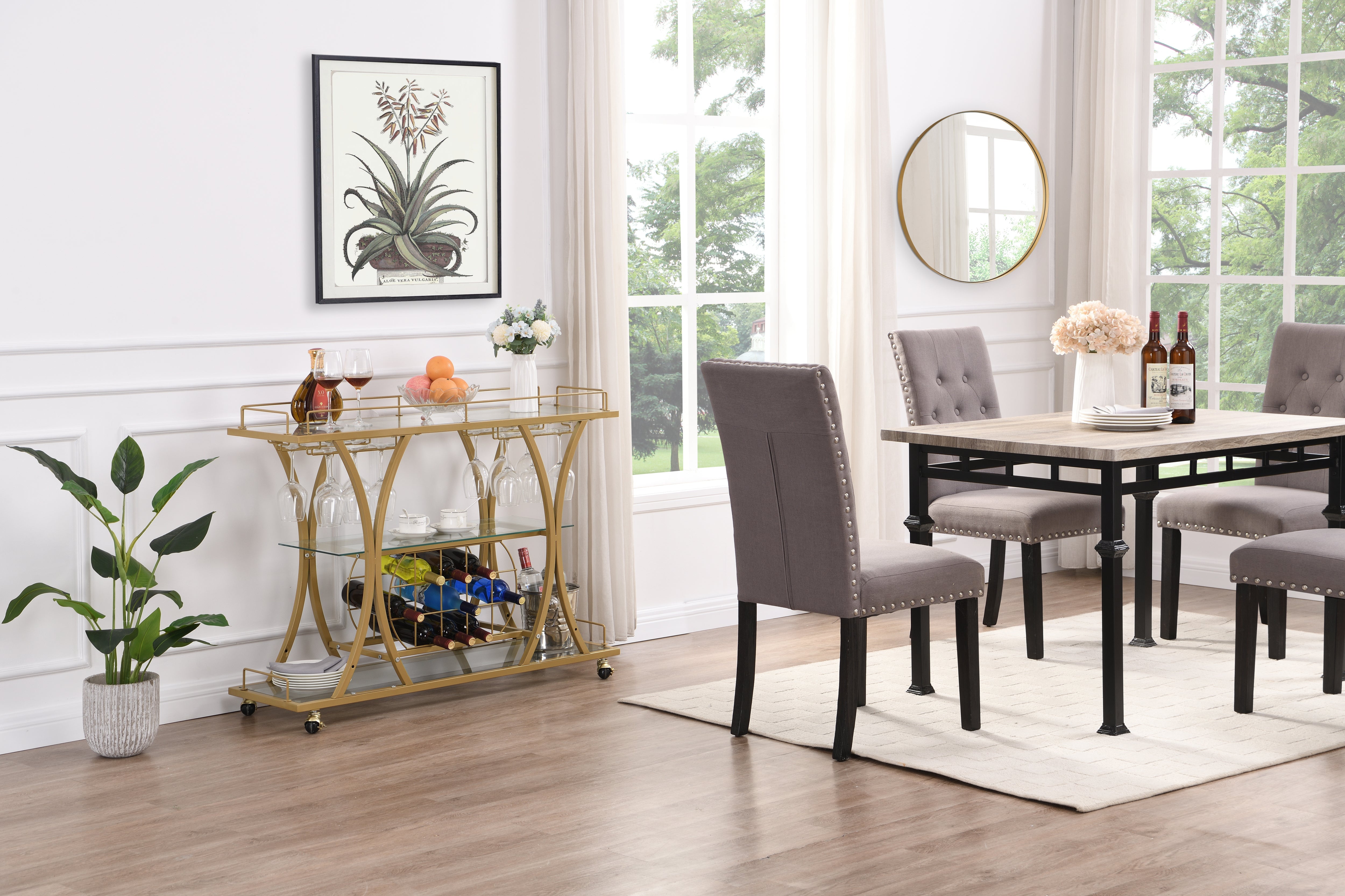 Golden Bar Cart with Wine Rack Tempered Glass Metal Frame