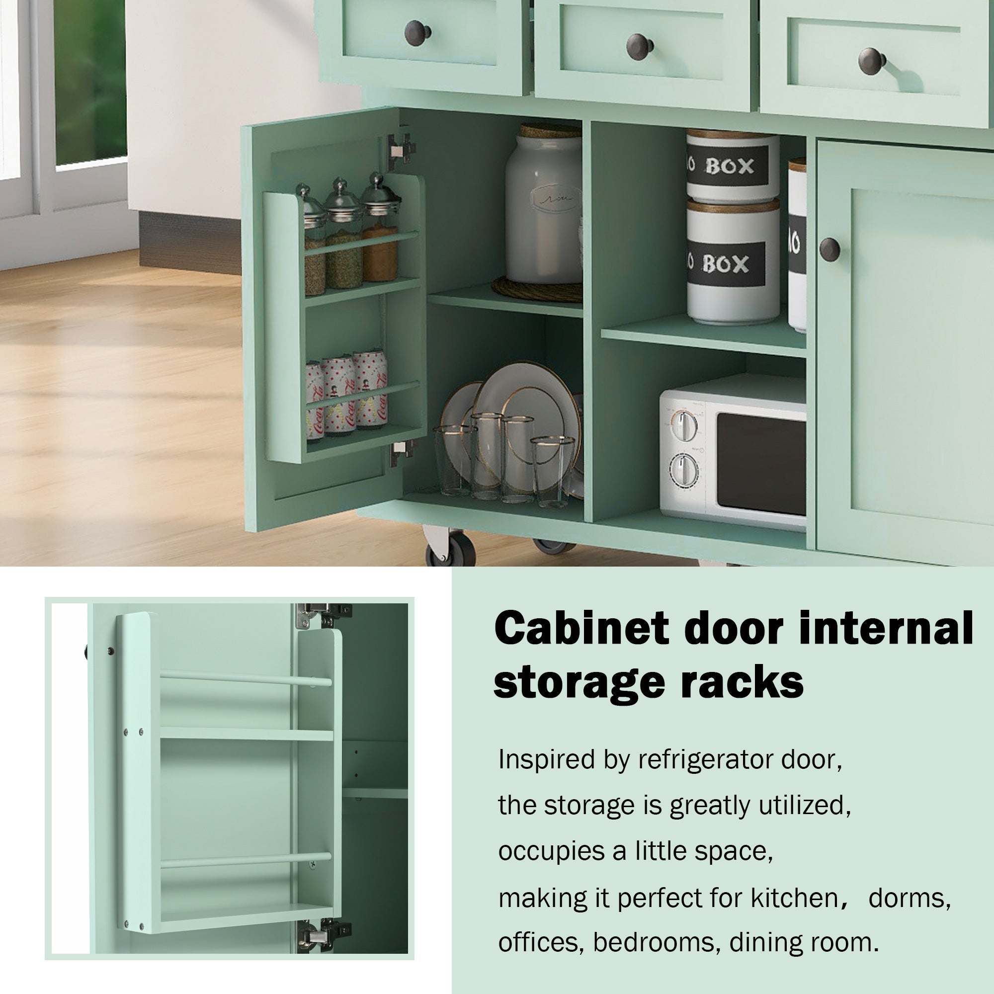Mint Green Kitchen Trolley with Cabinet and 3 Dining Drawers