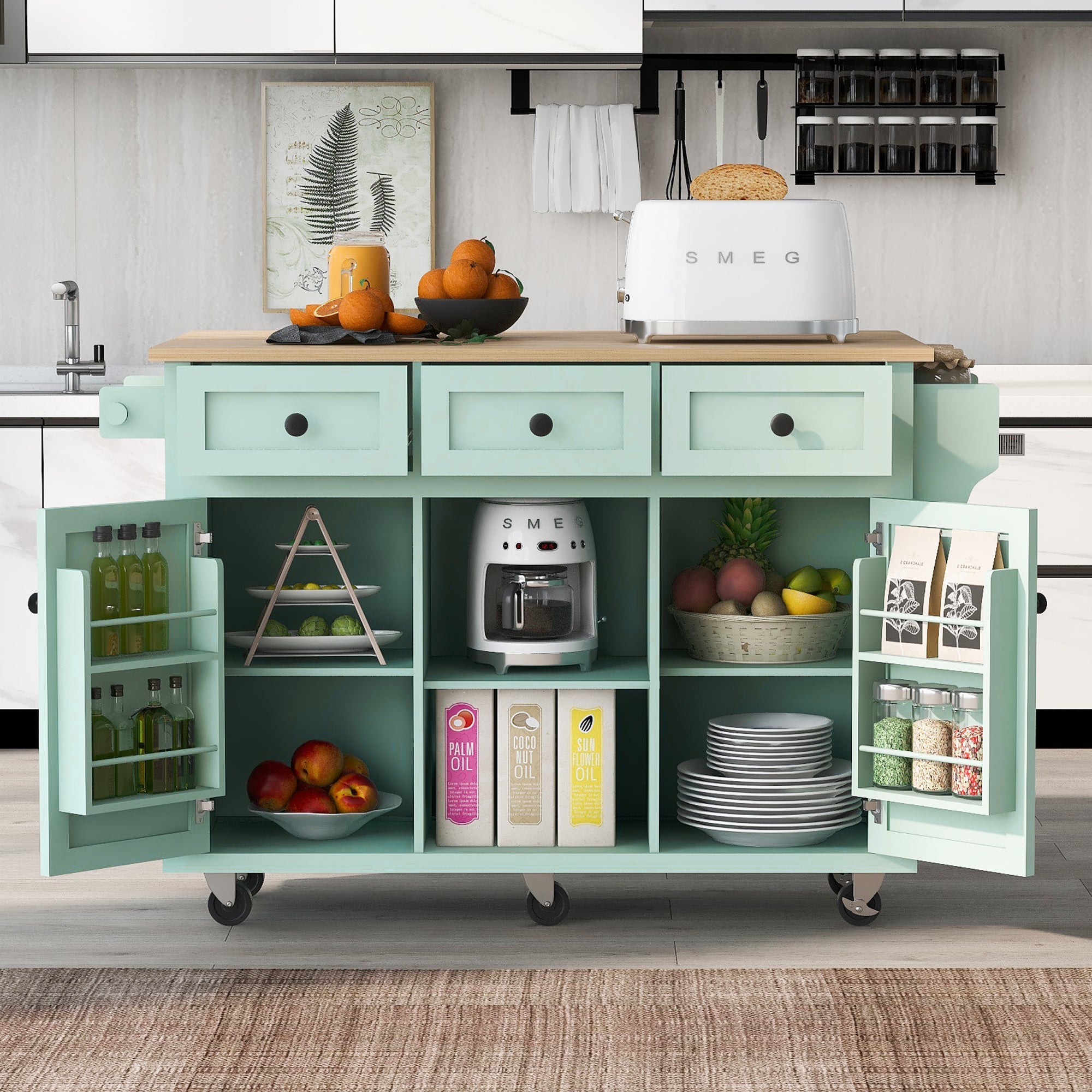 Mint Green Kitchen Trolley with Cabinet and 3 Dining Drawers