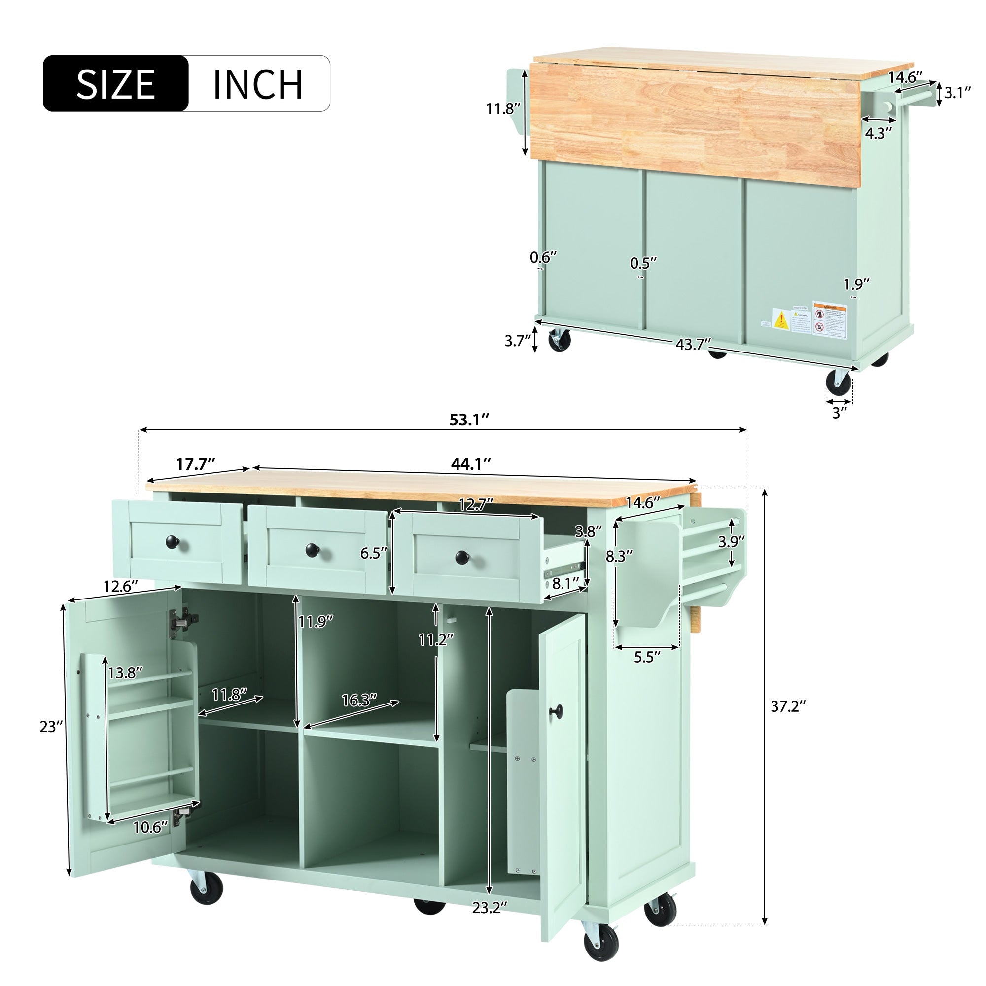 Mint Green Kitchen Trolley with Cabinet and 3 Dining Drawers