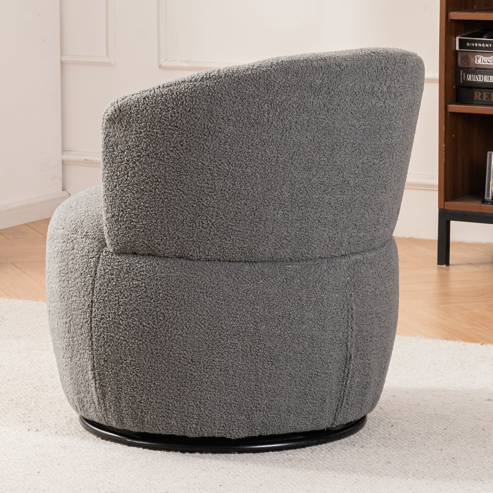 Grey Plush Swivel Accent Chair with 360° Metal Base