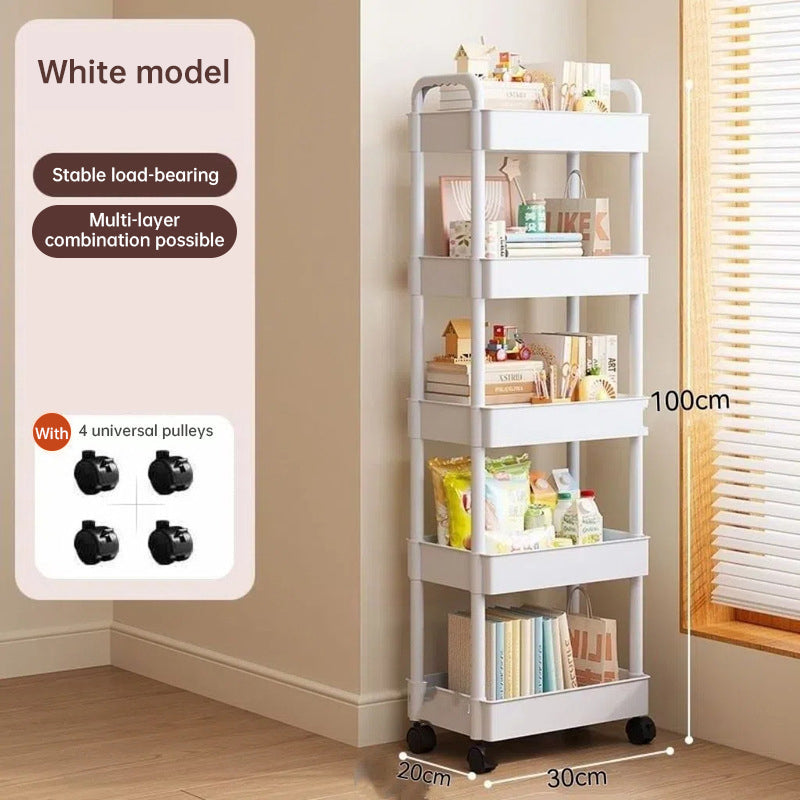 White Rolling Storage Cart with Open Shelves for Kitchen Bedroom
