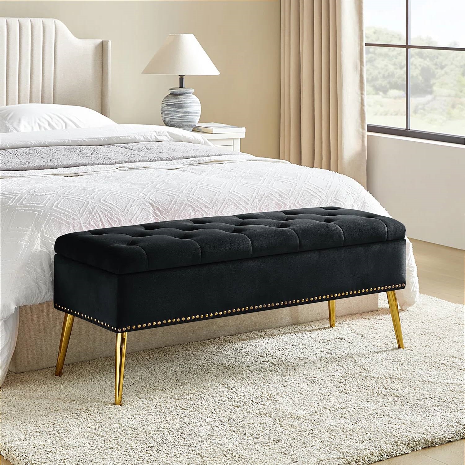 Mid-Century Modern Storage Bench with Black Velvet Seat & Gold Legs