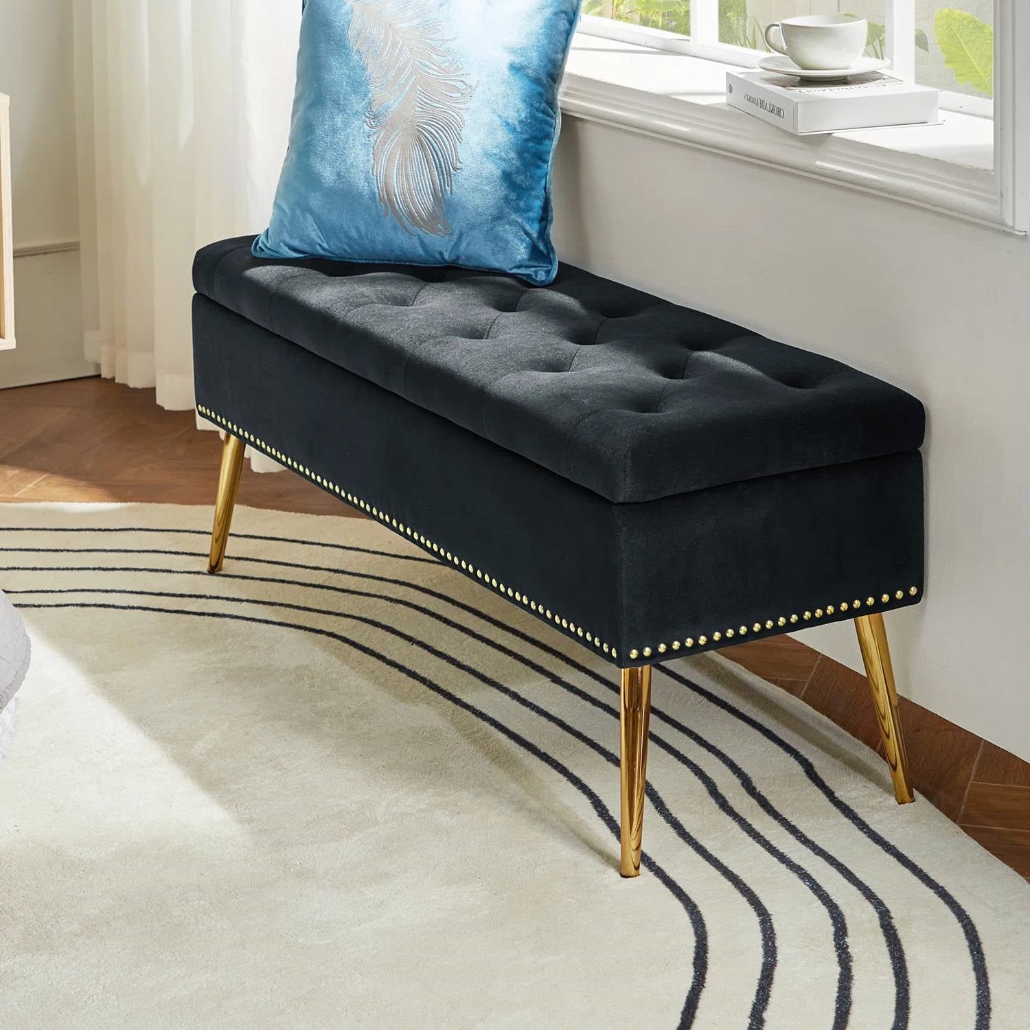 Mid-Century Modern Storage Bench with Black Velvet Seat & Gold Legs