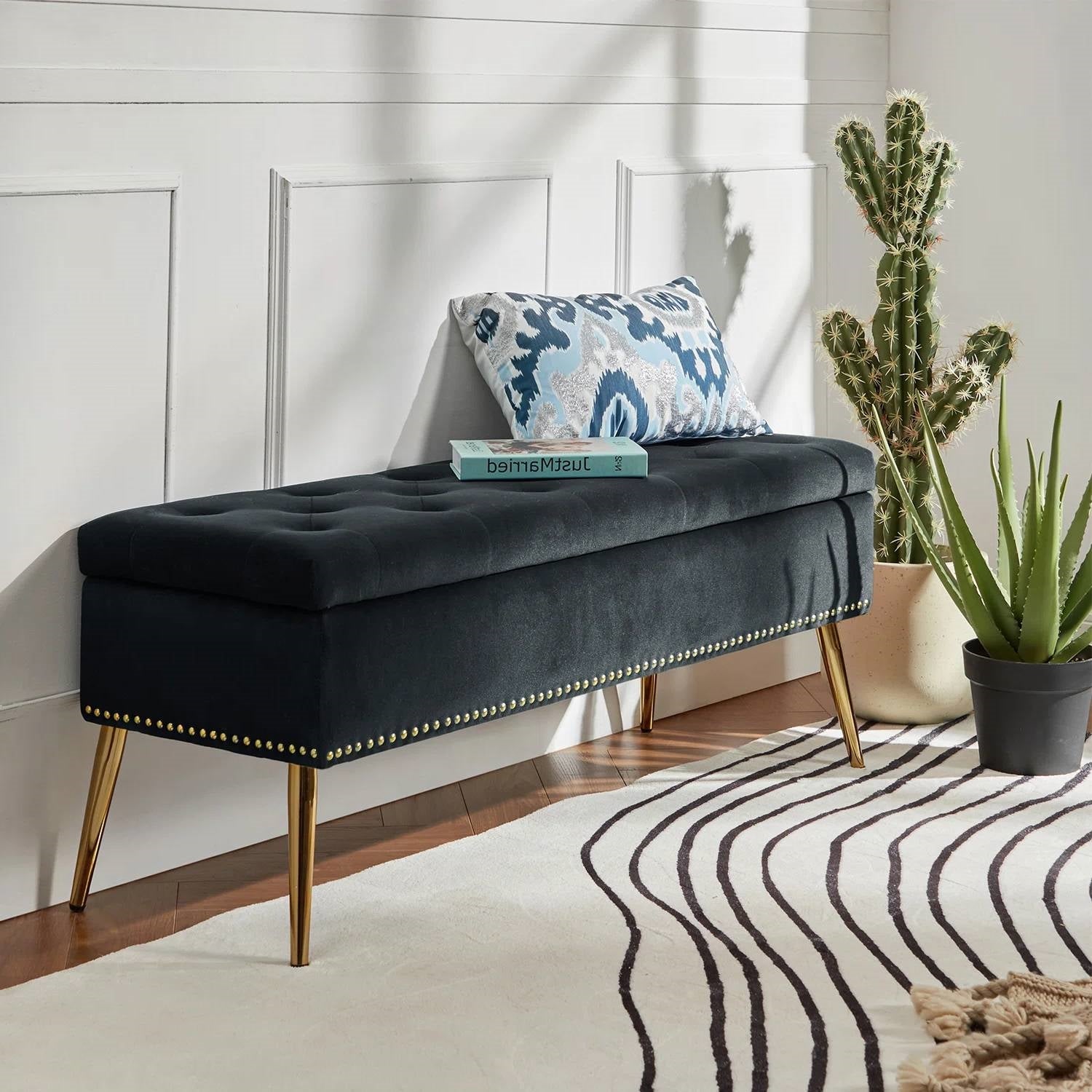 Mid-Century Modern Storage Bench with Black Velvet Seat & Gold Legs