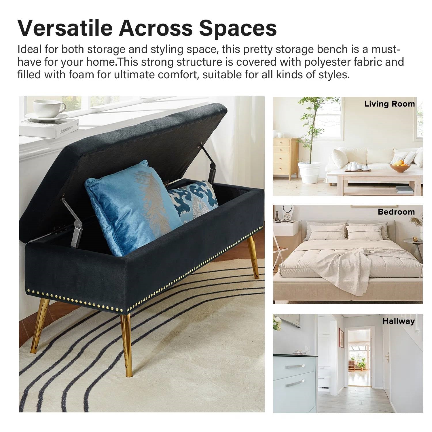 Mid-Century Modern Storage Bench with Black Velvet Seat & Gold Legs