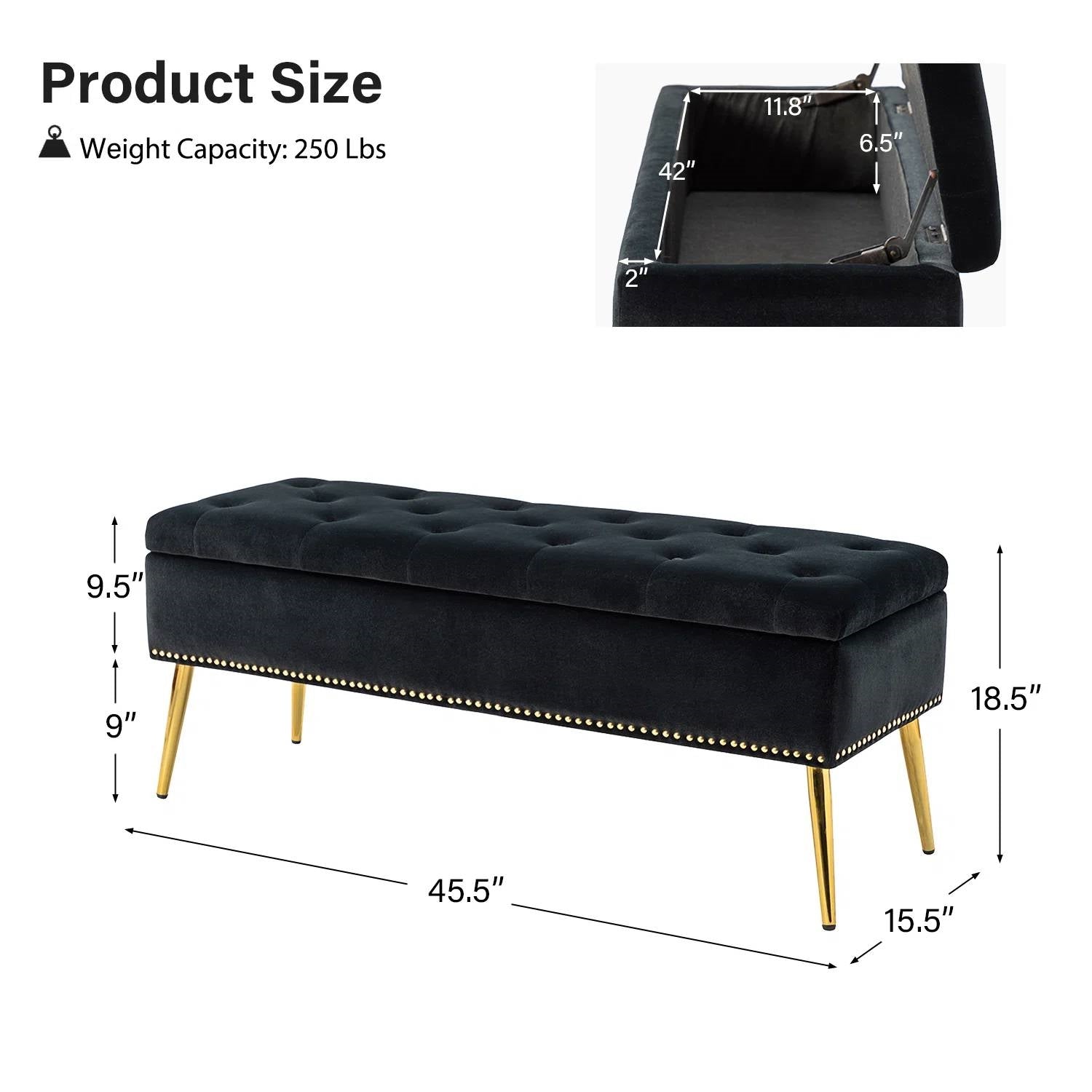 Mid-Century Modern Storage Bench with Black Velvet Seat & Gold Legs