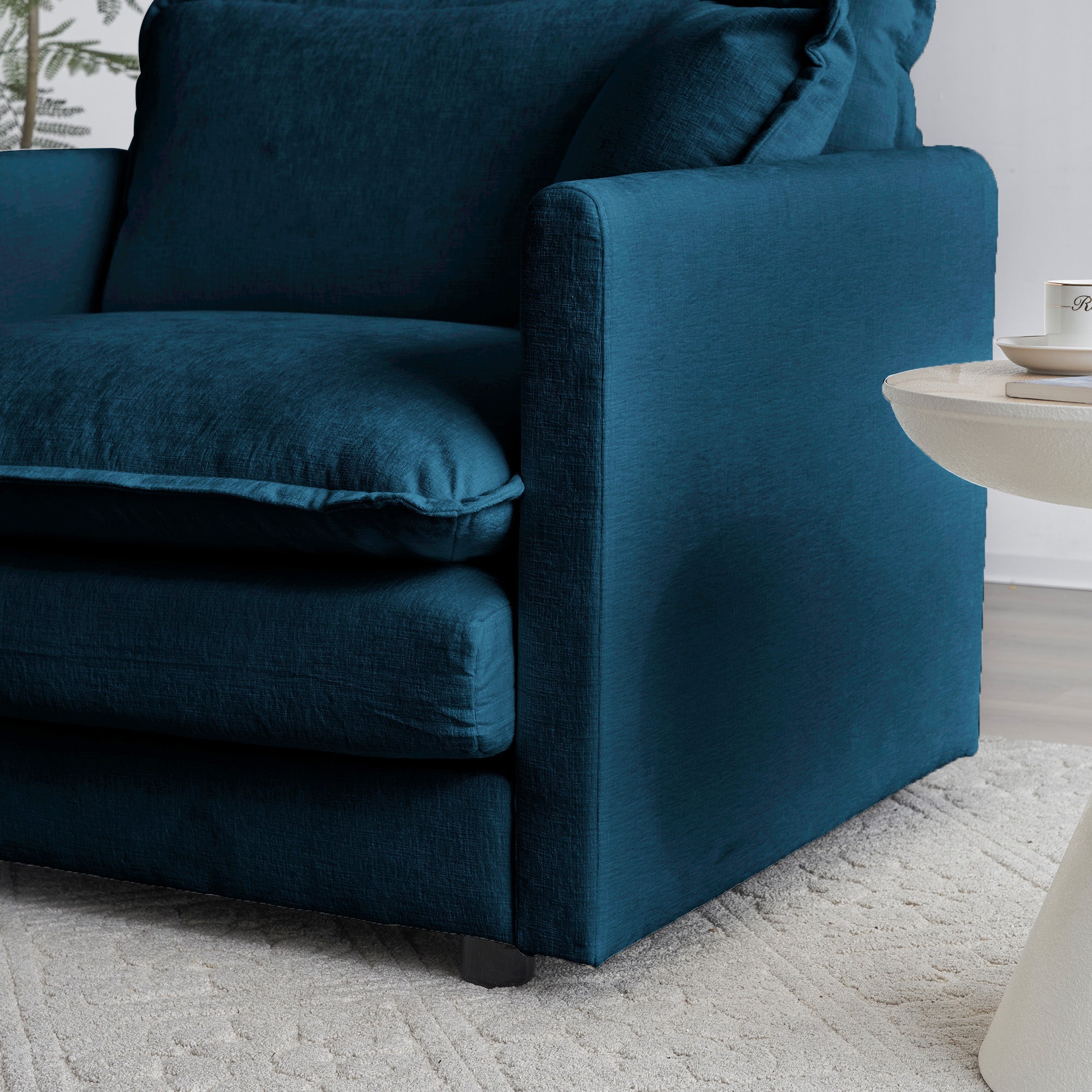 Blue L-Shaped Chenille 2-Seater Sofa with Ottoman and Foot Pedal
