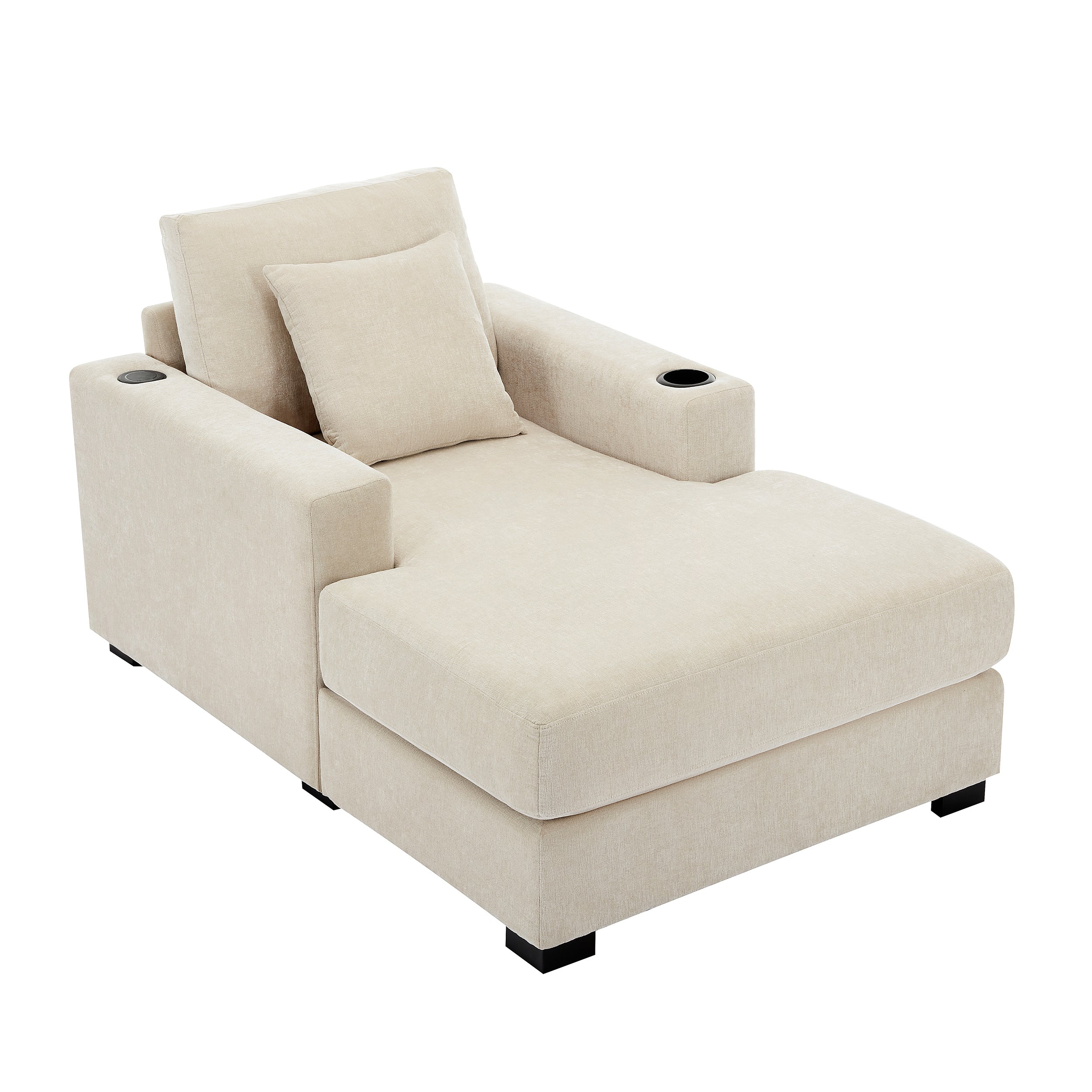 39.7" Oversized Chenille Chaise Lounger Sofa with Pillows & Cup Holders