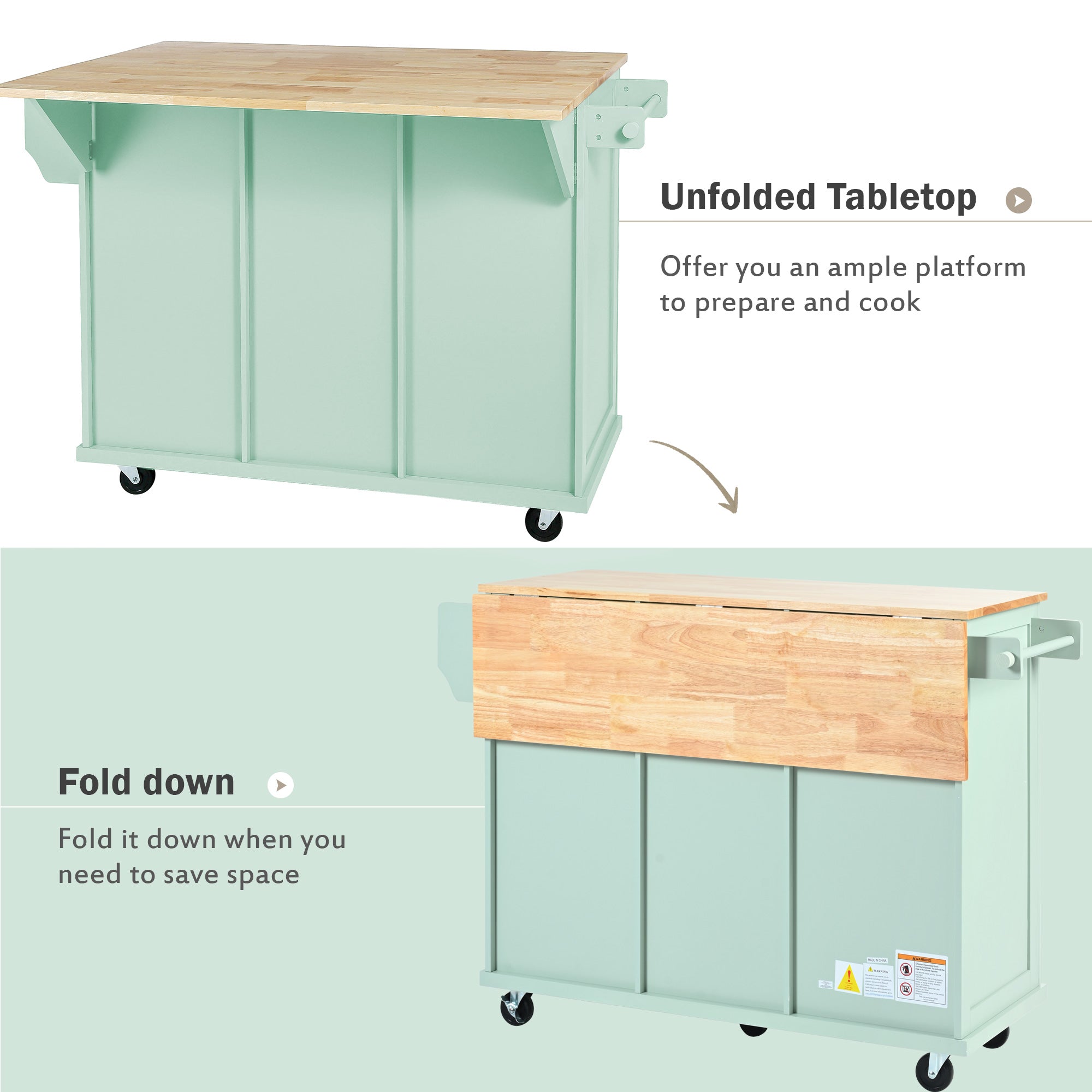 Mint Green Kitchen Trolley with Cabinet and 3 Dining Drawers