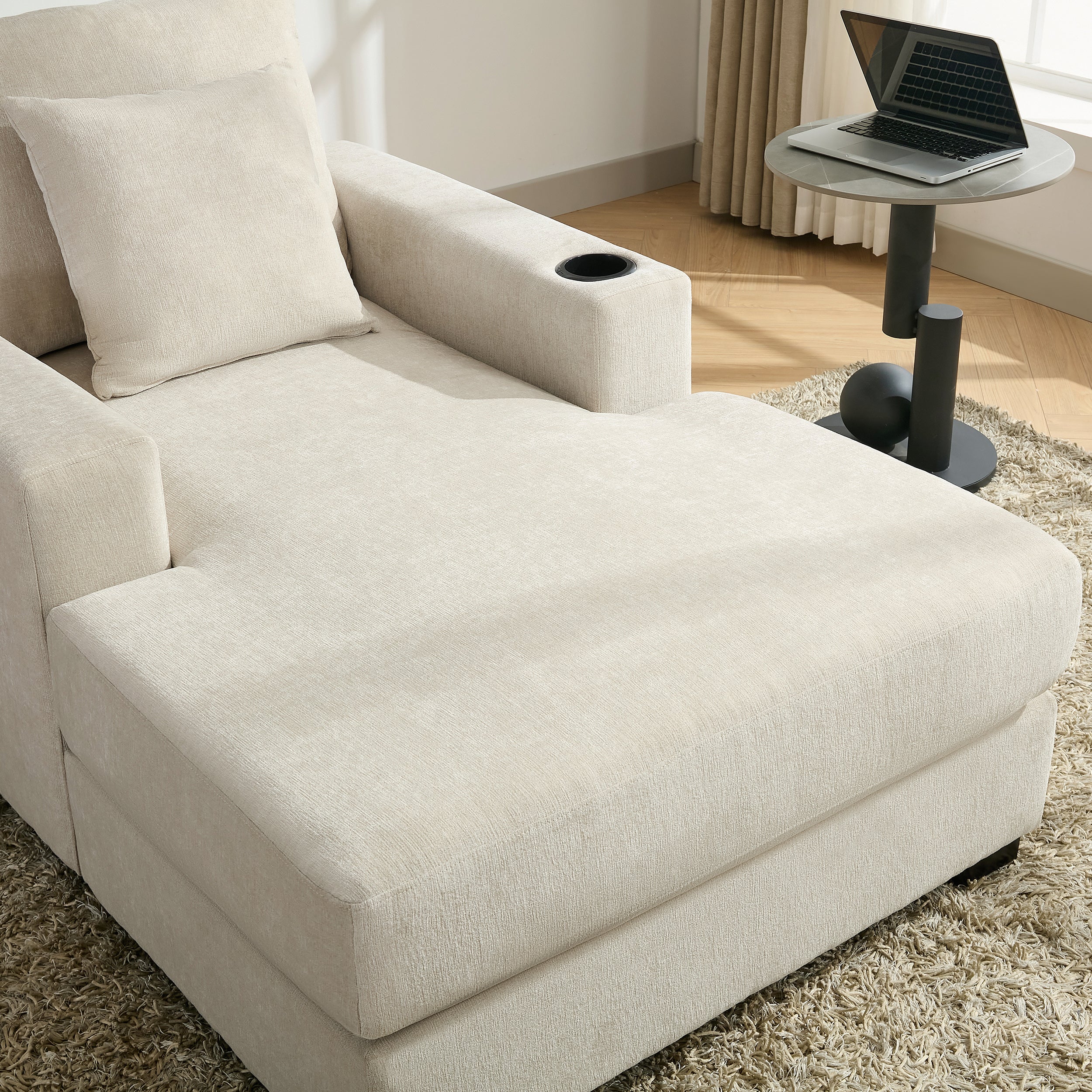 39.7" Oversized Chenille Chaise Lounger Sofa with Pillows & Cup Holders