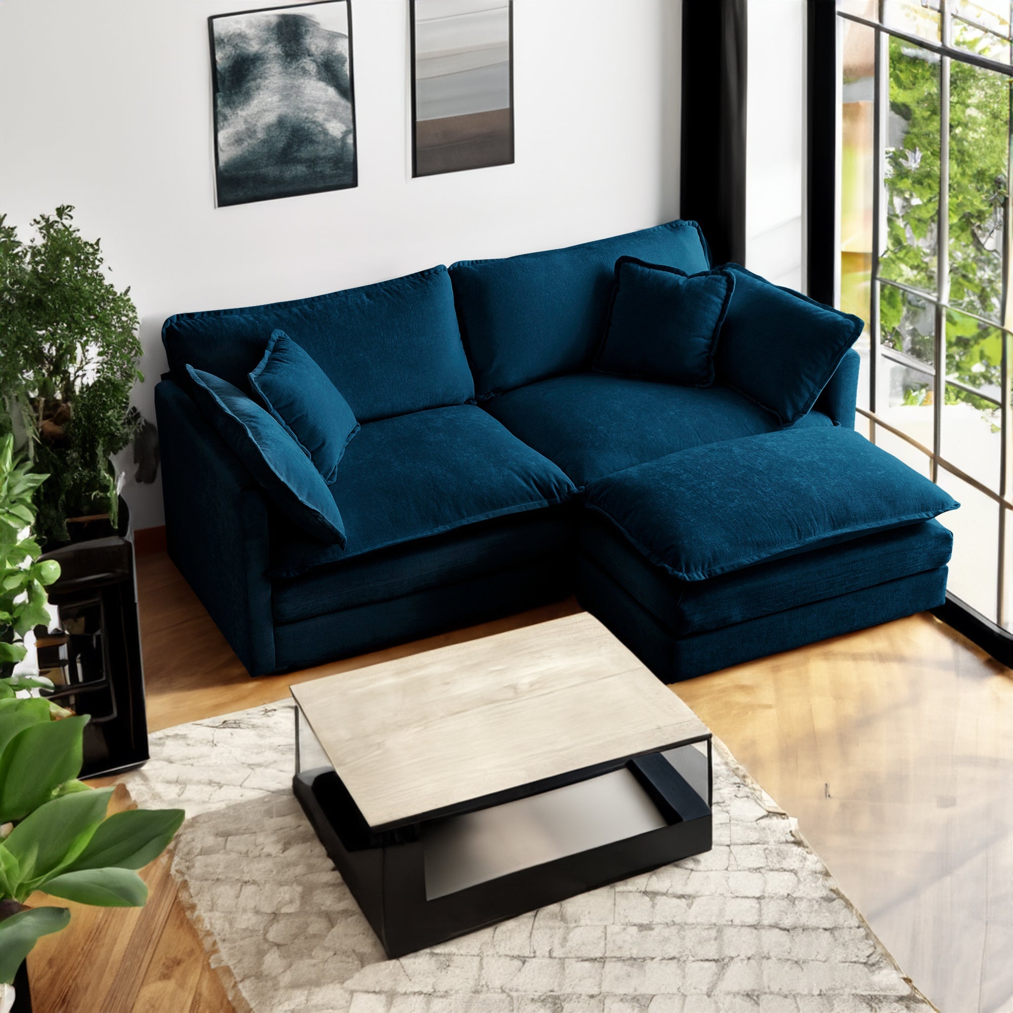Blue L-Shaped Chenille 2-Seater Sofa with Ottoman and Foot Pedal