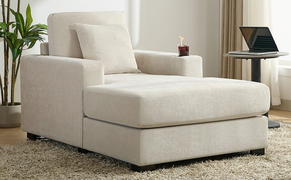 39.7" Oversized Chenille Chaise Lounger Sofa with Pillows & Cup Holders