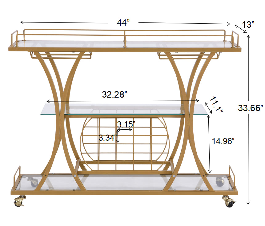 Golden Bar Cart with Wine Rack Tempered Glass Metal Frame
