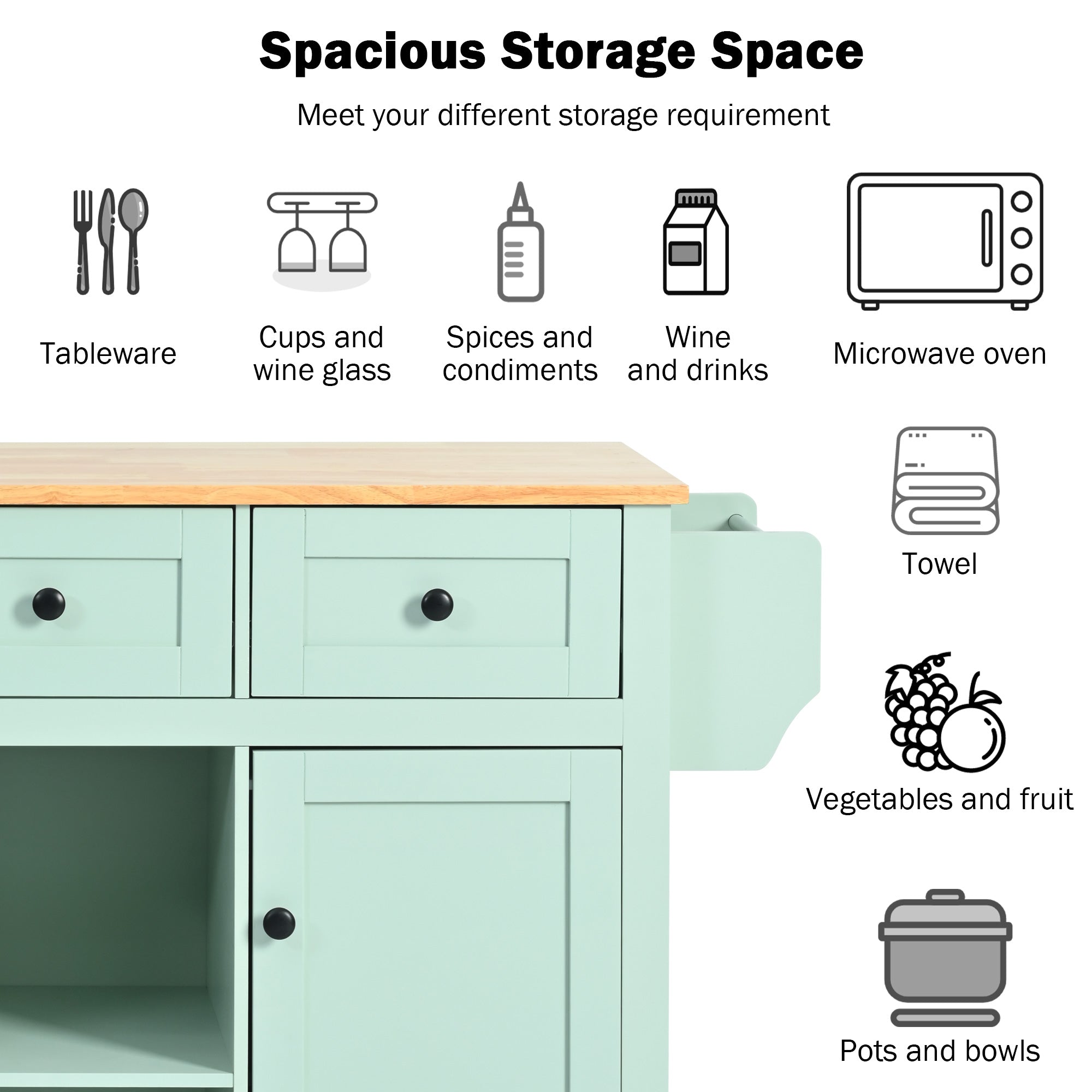 Mint Green Kitchen Trolley with Cabinet and 3 Dining Drawers