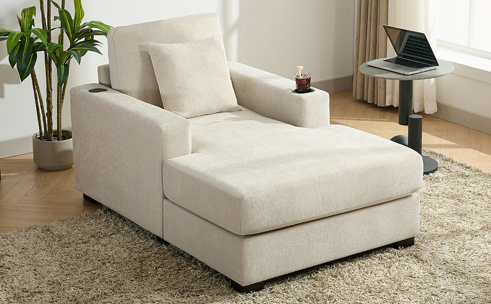 39.7" Oversized Chenille Chaise Lounger Sofa with Pillows & Cup Holders