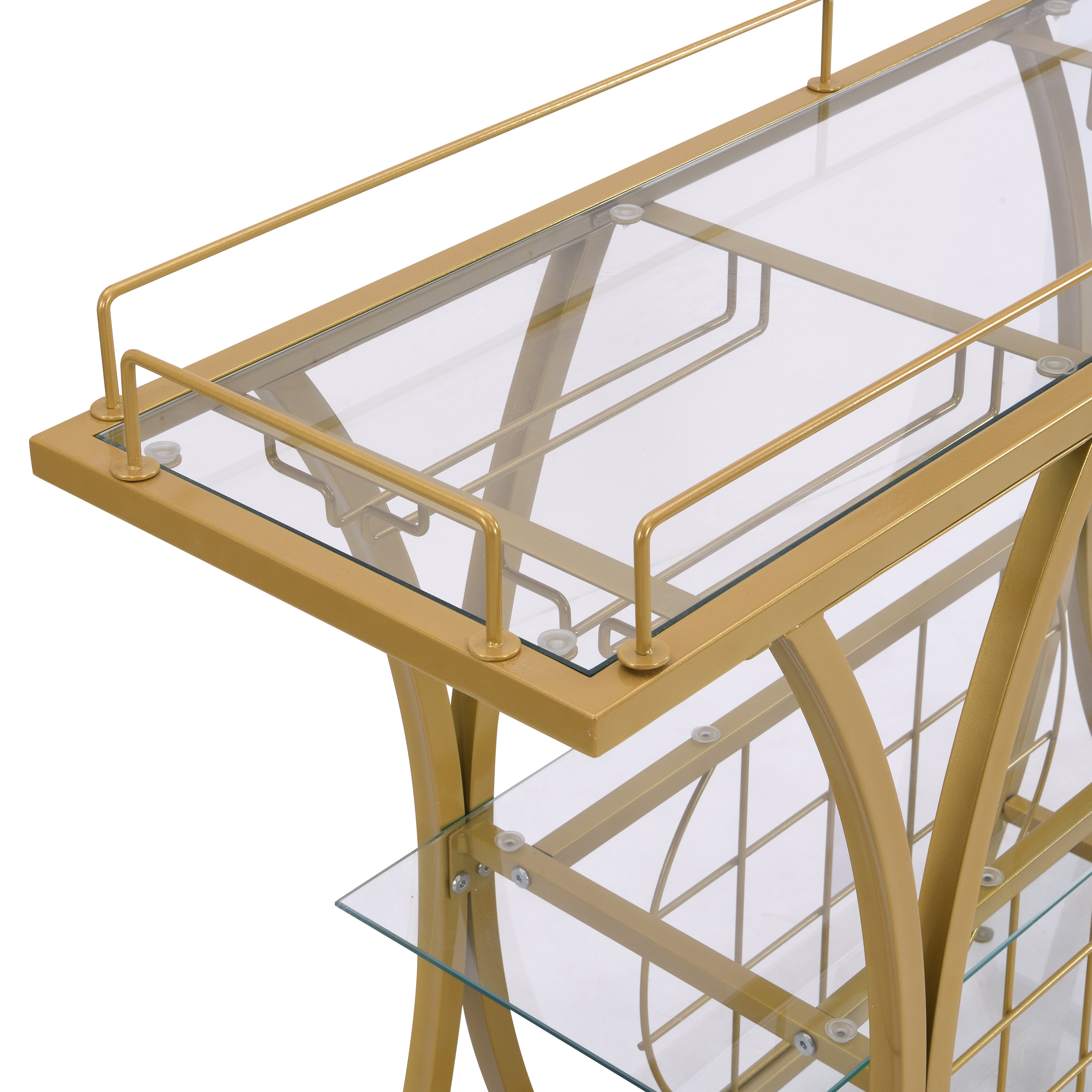 Golden Bar Cart with Wine Rack Tempered Glass Metal Frame