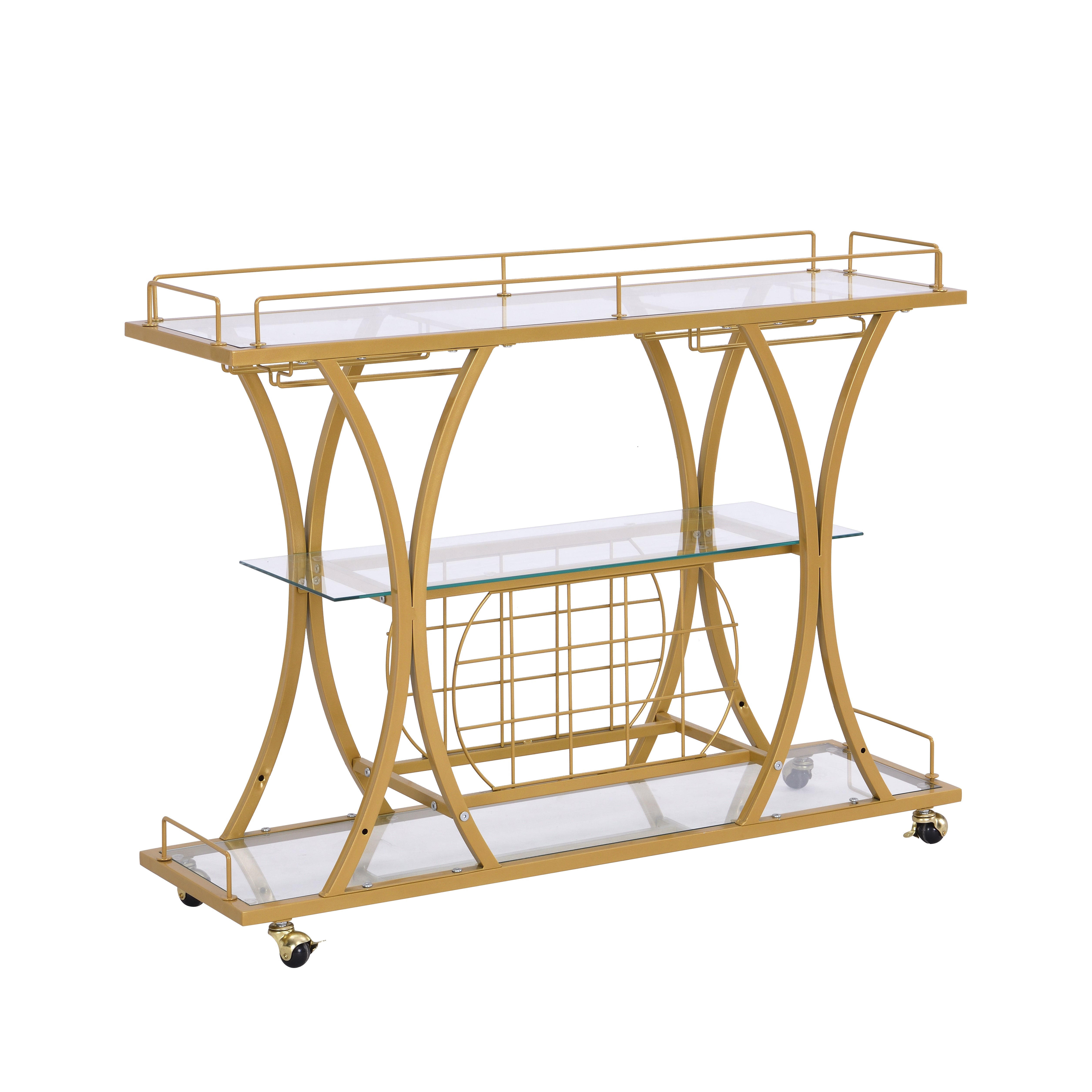 Golden Bar Cart with Wine Rack Tempered Glass Metal Frame