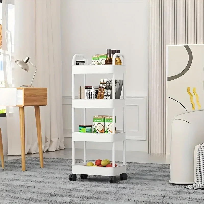 White Rolling Storage Cart with Open Shelves for Kitchen Bedroom