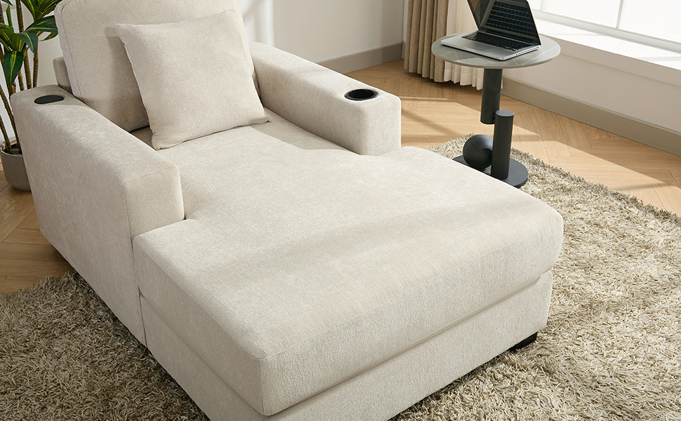 39.7" Oversized Chenille Chaise Lounger Sofa with Pillows & Cup Holders