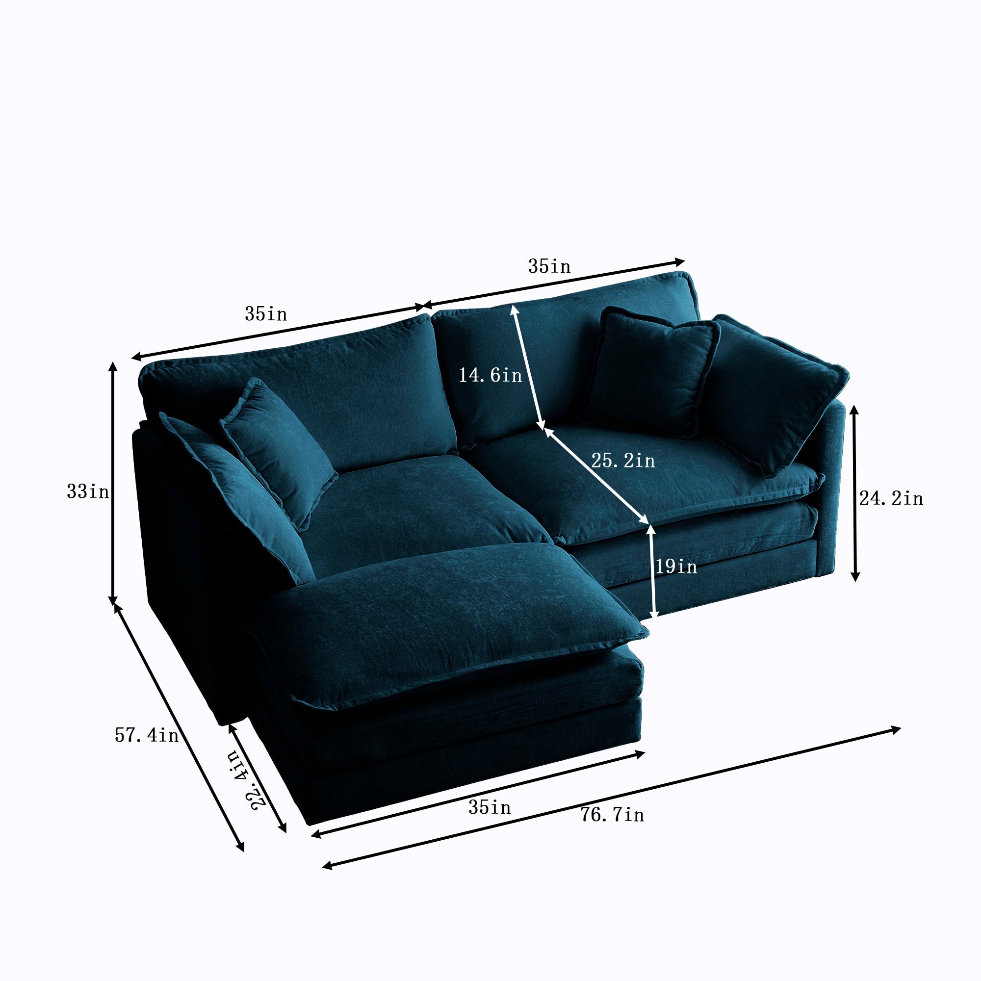 Blue L-Shaped Chenille 2-Seater Sofa with Ottoman and Foot Pedal