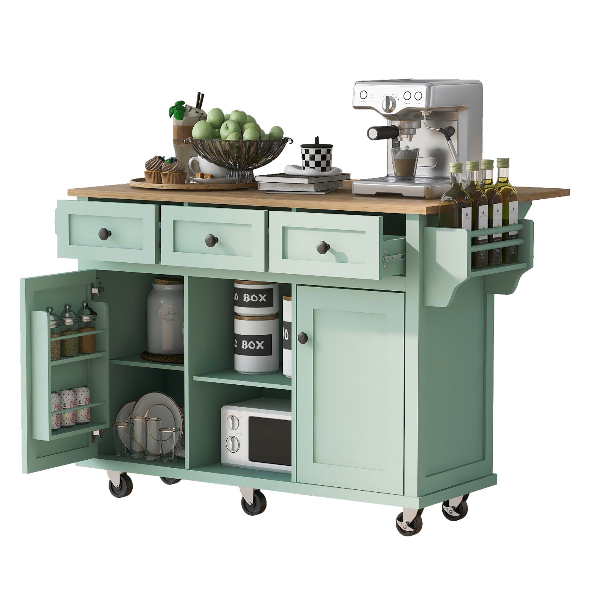Mint Green Kitchen Trolley with Cabinet and 3 Dining Drawers