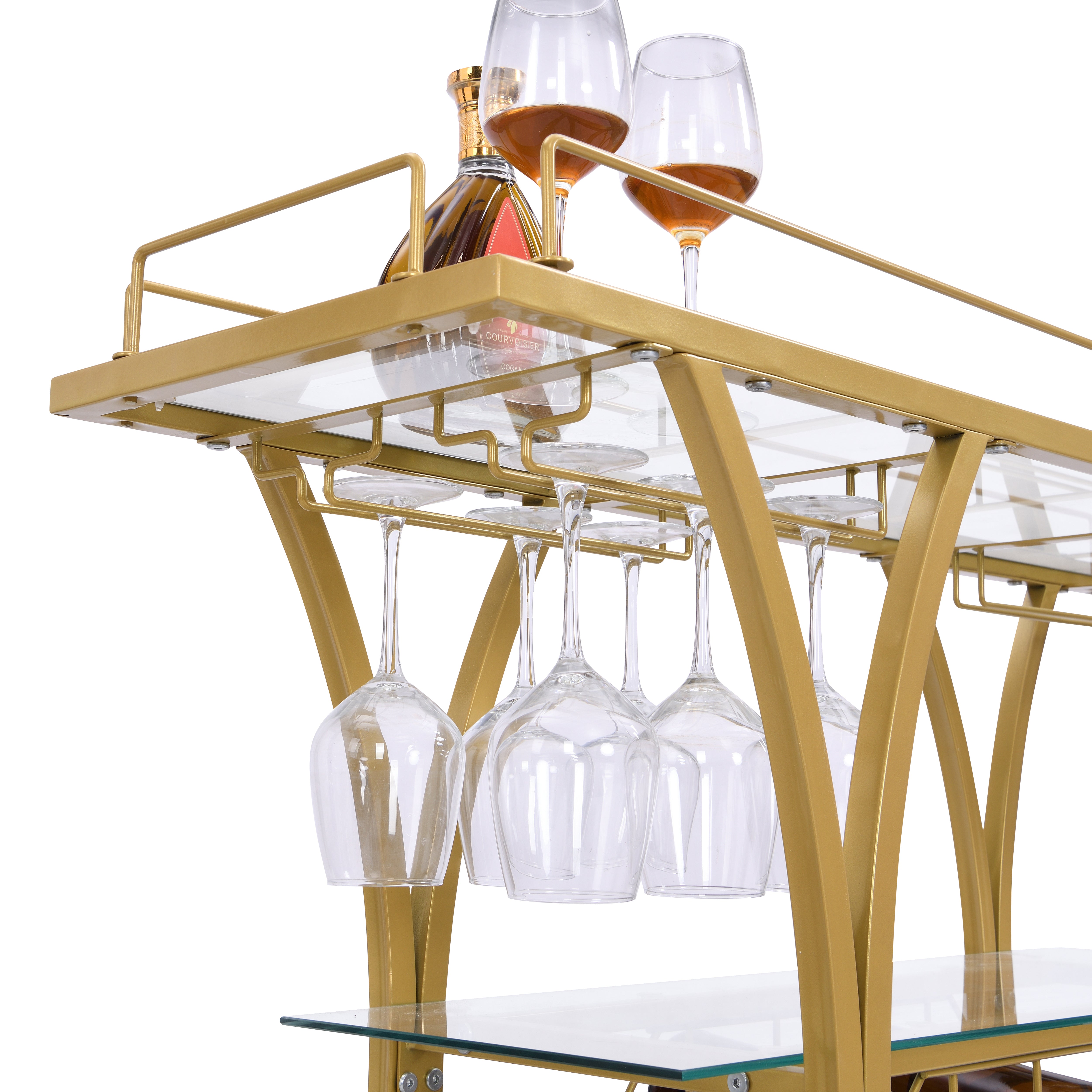 Golden Bar Cart with Wine Rack Tempered Glass Metal Frame