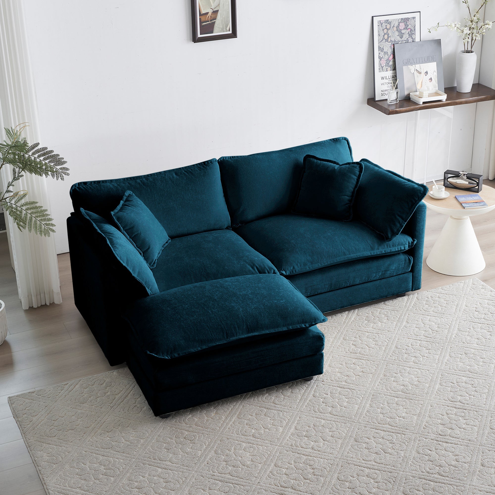 Blue L-Shaped Chenille 2-Seater Sofa with Ottoman and Foot Pedal