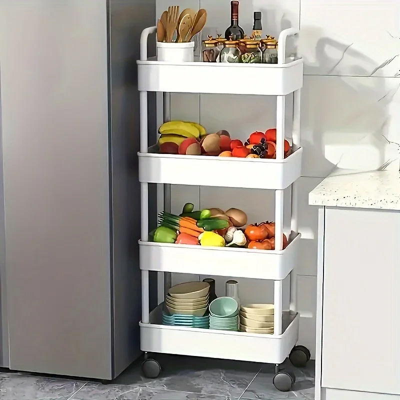 White Rolling Storage Cart with Open Shelves for Kitchen Bedroom