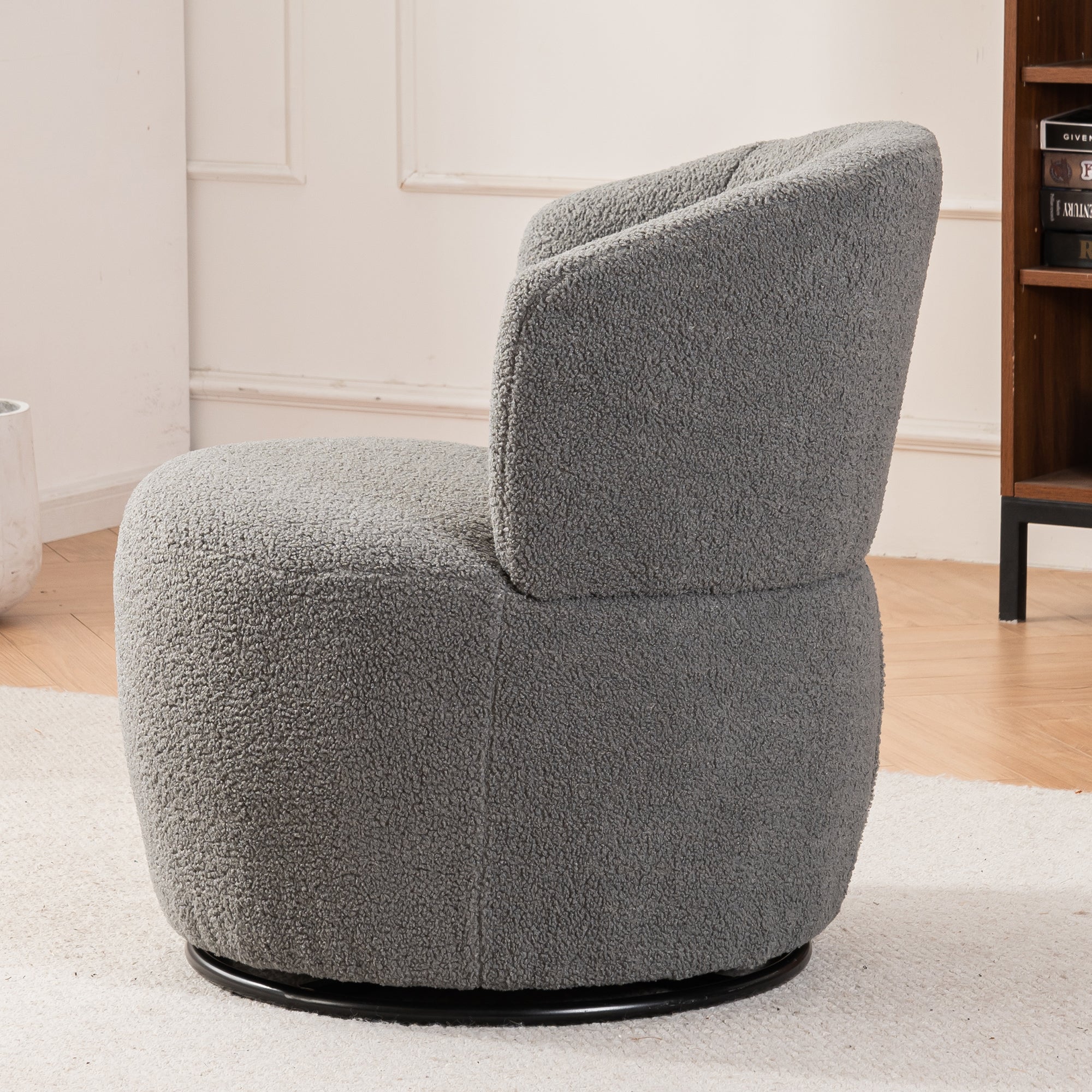Grey Plush Swivel Accent Chair with 360° Metal Base