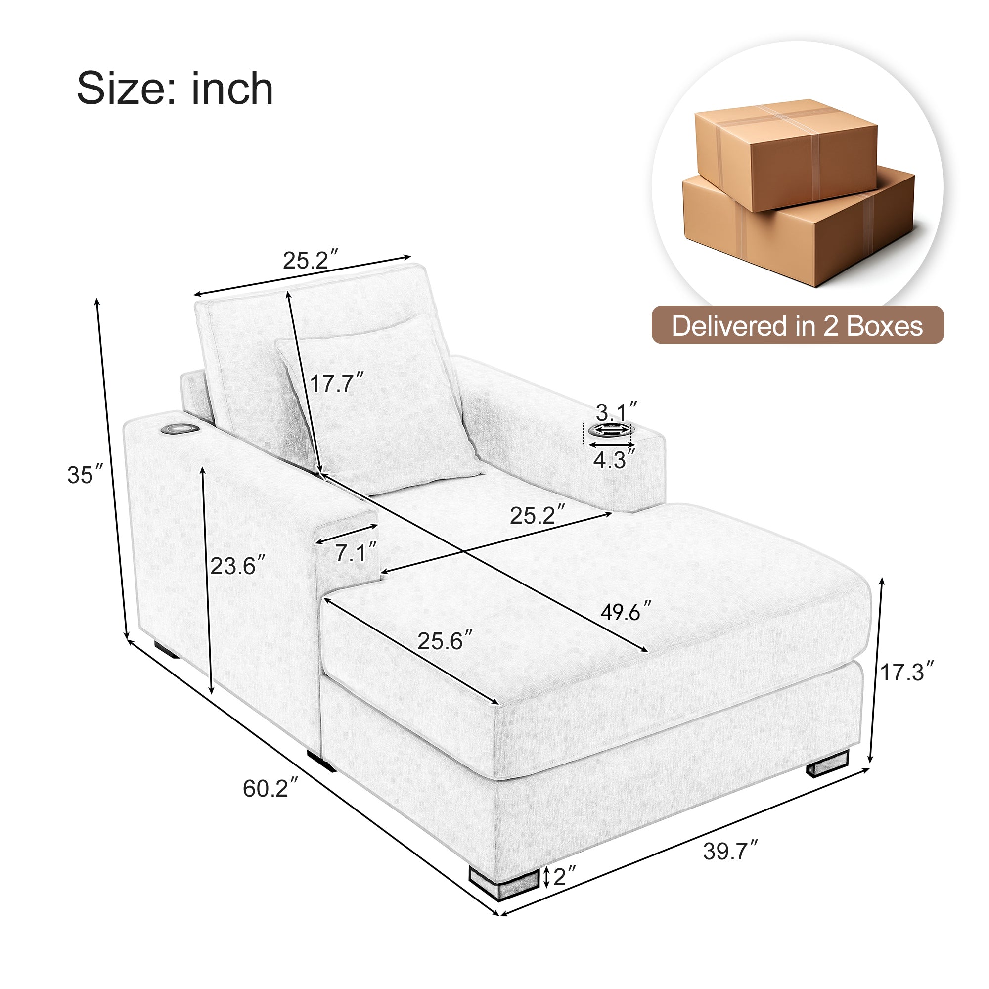 39.7" Oversized Chenille Chaise Lounger Sofa with Pillows & Cup Holders