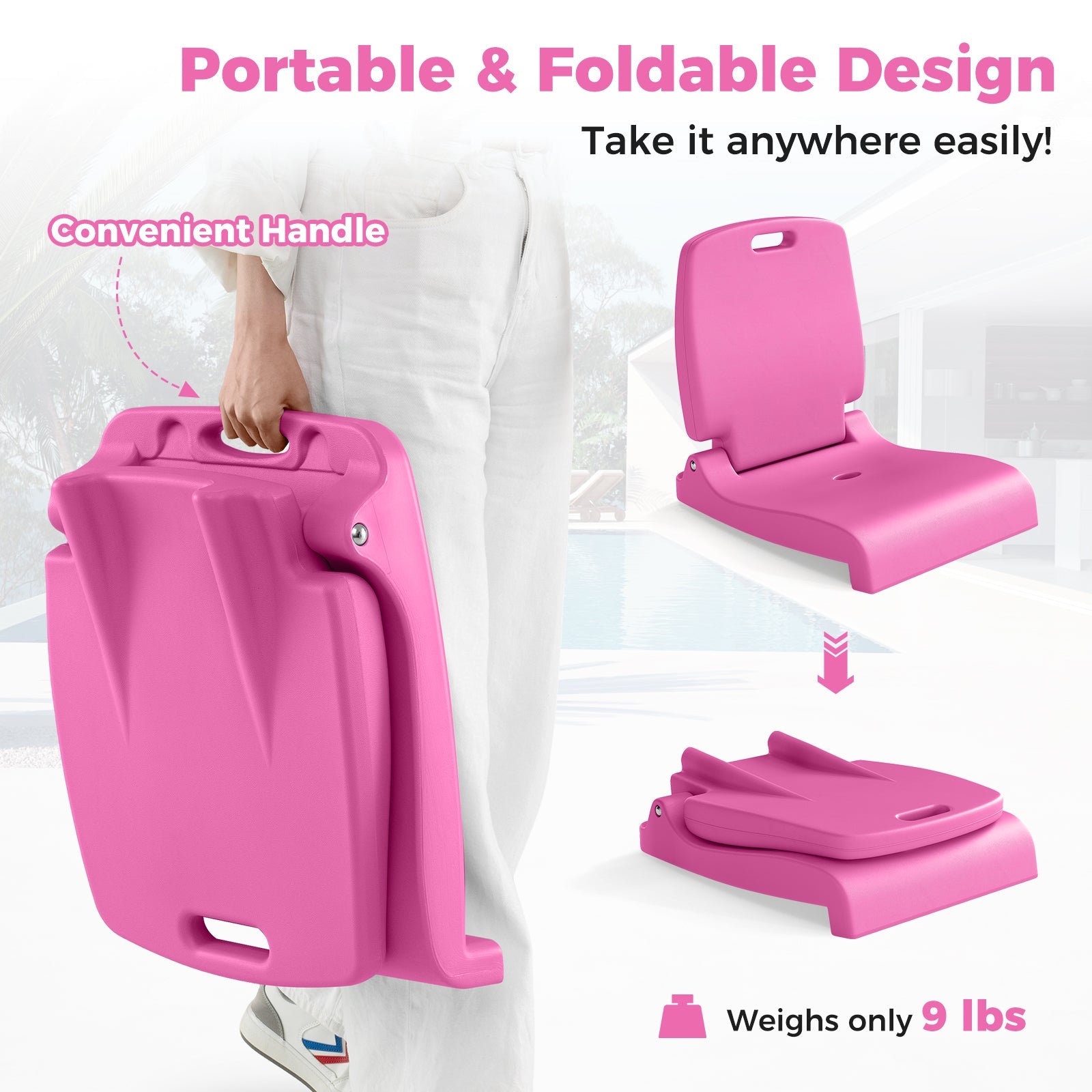 Foldable Outdoor Pool Chair with Handle and Back Support-Pink