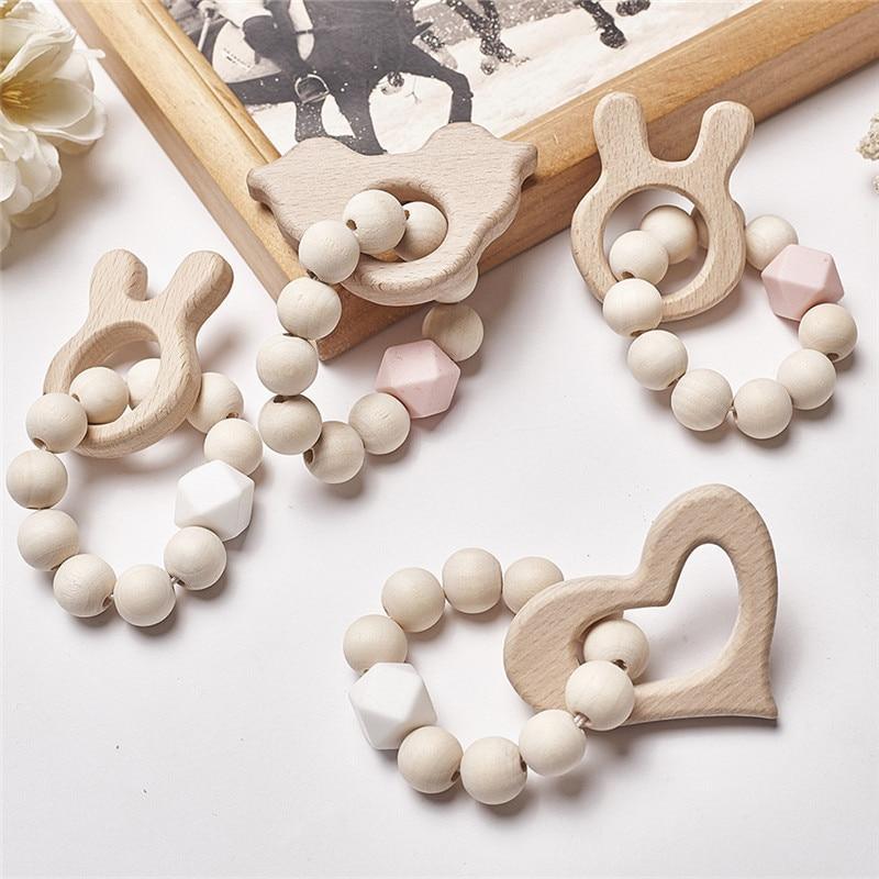 Modern Baby Silicone & Wood Nursing Bracelet Teether Rattle Toy