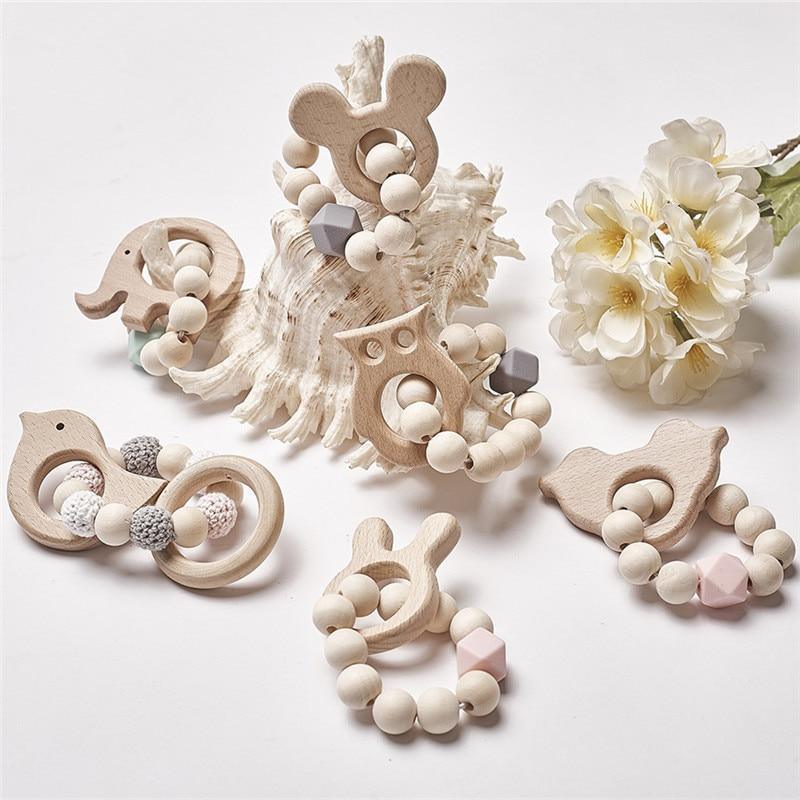 Modern Baby Silicone & Wood Nursing Bracelet Teether Rattle Toy