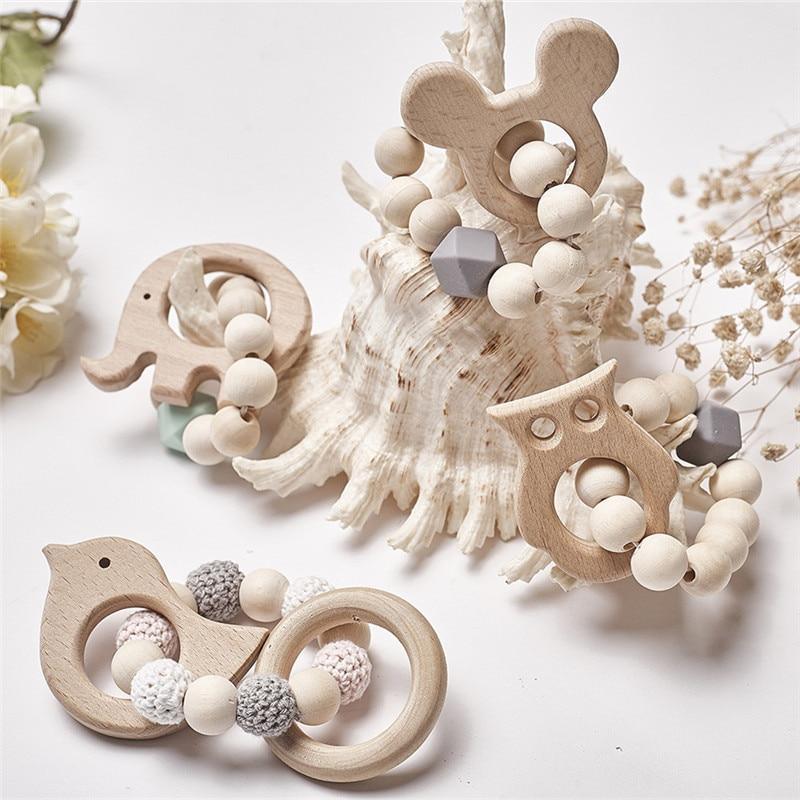 Modern Baby Silicone & Wood Nursing Bracelet Teether Rattle Toy