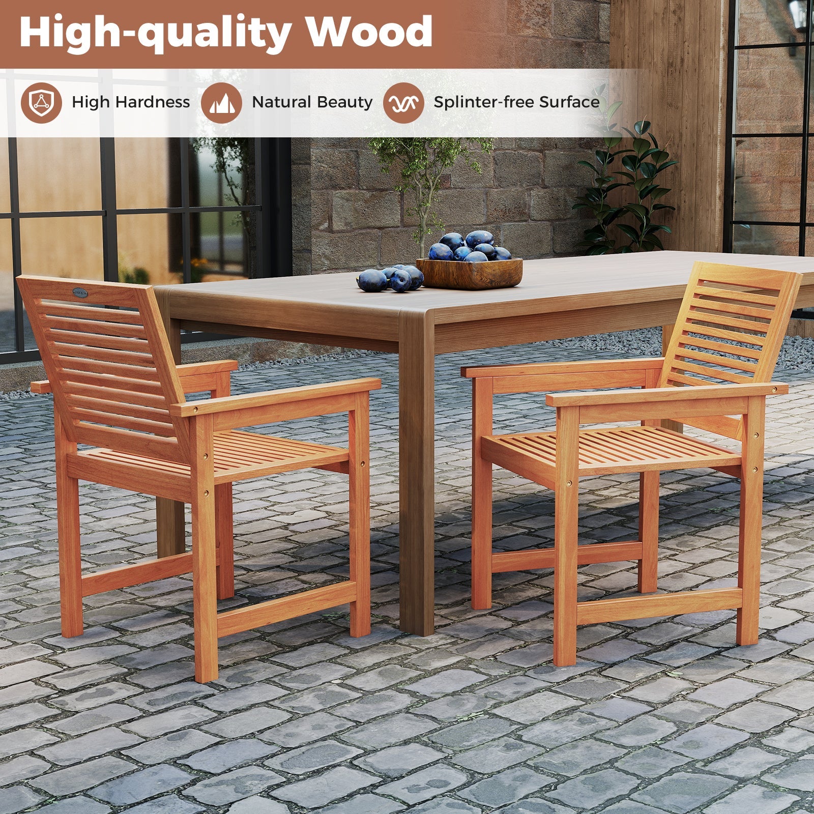 Patio Chairs Set of 2 with Inclined Backrests and Slatted Seats