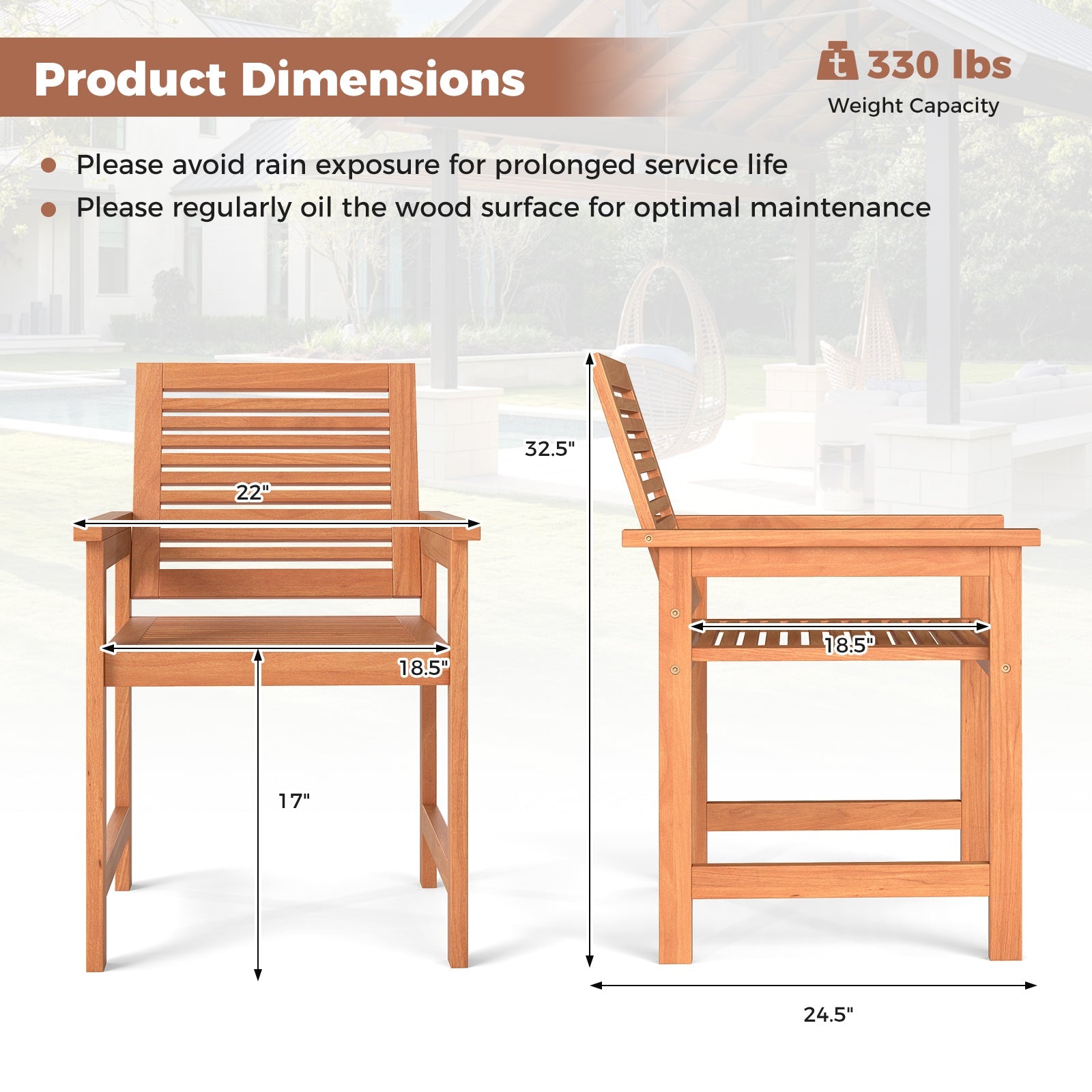 Patio Chairs Set of 2 with Inclined Backrests and Slatted Seats