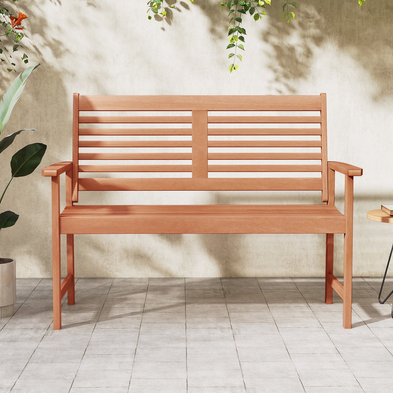 Patio Solid Wood Loveseat Outdoor 2-Seat Bench with Inclined Backrest and Slatted Seat