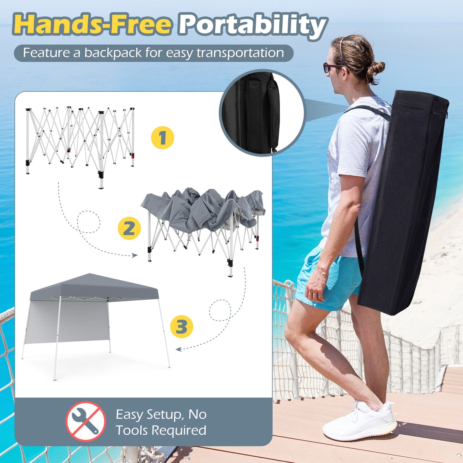 8 X 8 Feet Pop up Canopy Tent with 1 Sidewall and Portable Backpack-Gray