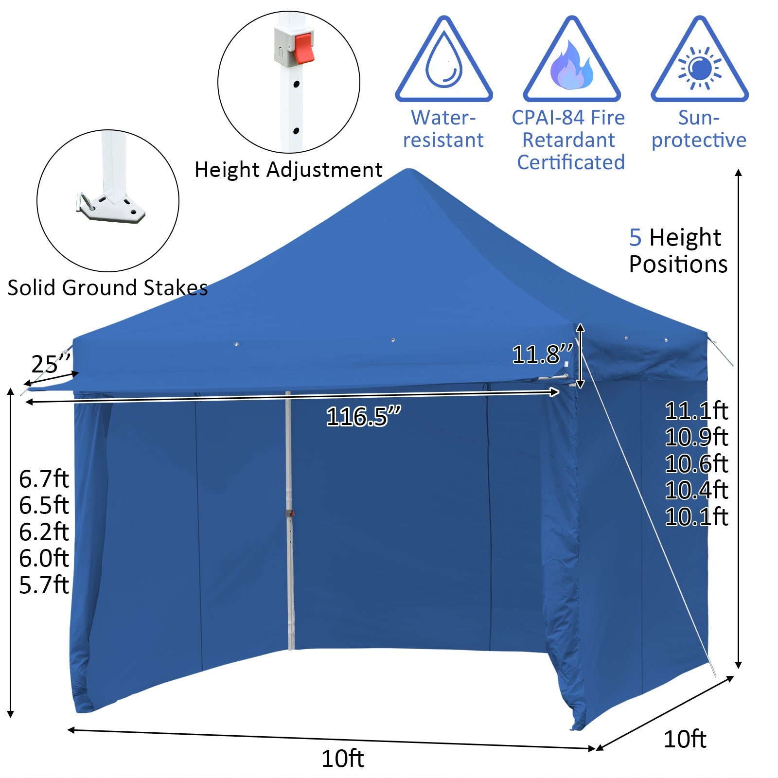 10×10 Ft Pop-Up Gazebo with 5 Removable Sidewalls & Awning – Blue