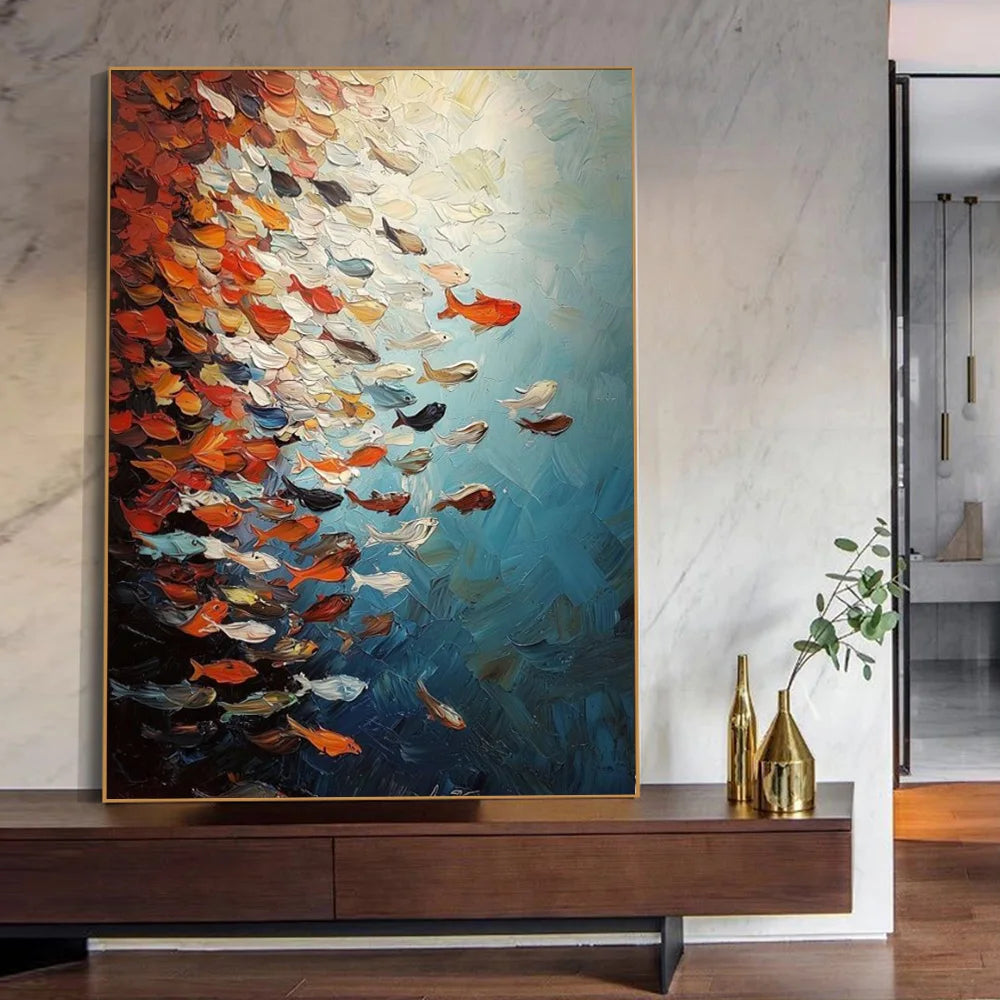 Abstract Fish Canvas Print Blue Ocean World Multicolored Tropical Fish Poster Modern Marine Fish School Canvas Painting Wall Art