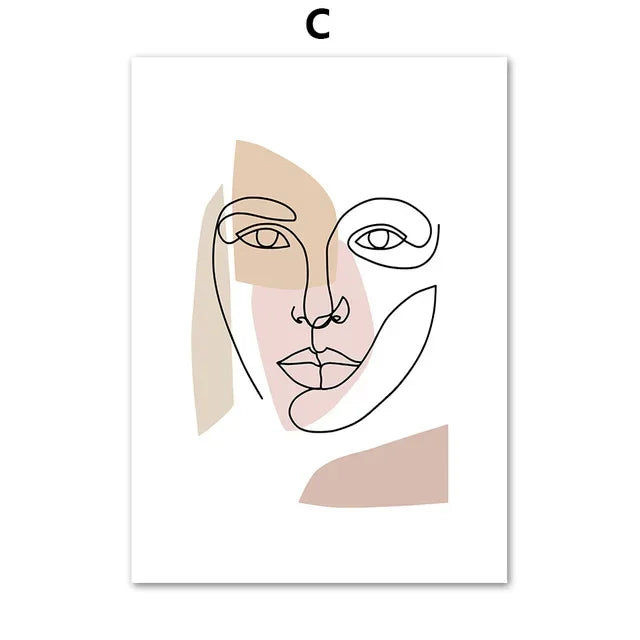 Abstract Line Women Face & Couple Kiss Canvas Wall Art