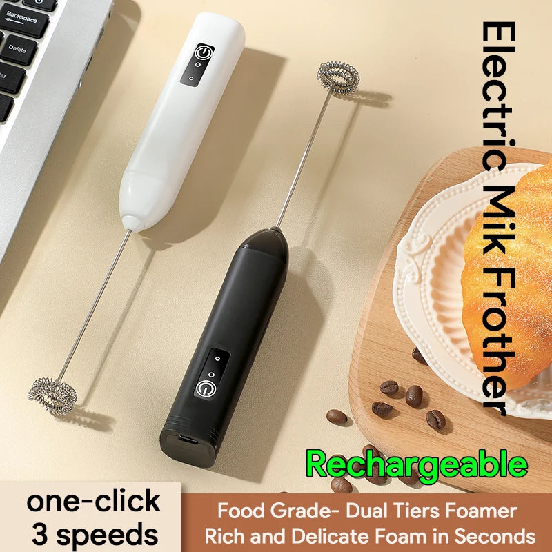 Electric Milk Frother & Egg Beater – USB Type-C Rechargeable 3-Speed Mini Handheld Foam Maker Coffee Whisk for Latte, Cappuccino & Cooking