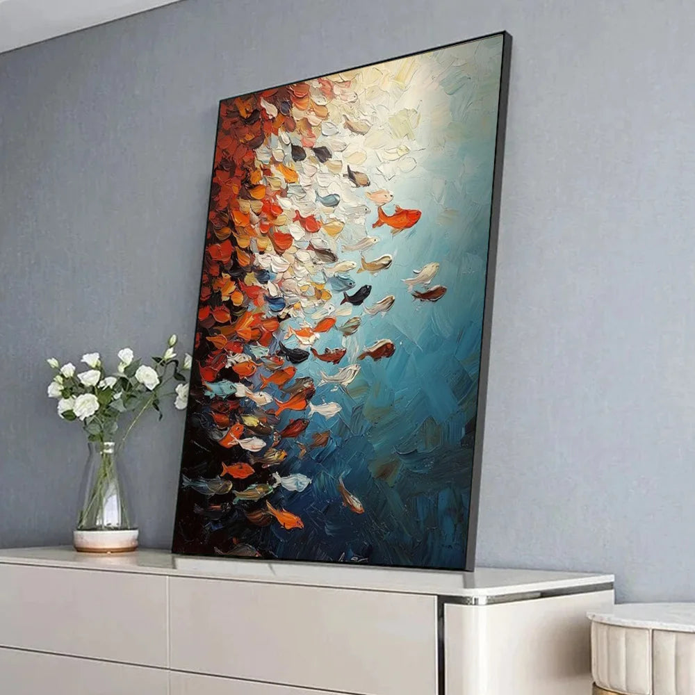 Abstract Fish Canvas Print Blue Ocean World Multicolored Tropical Fish Poster Modern Marine Fish School Canvas Painting Wall Art