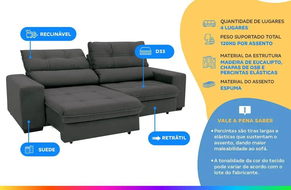 4-Seater Suede Brunello Linoforte Recliner Retractable Sofa
