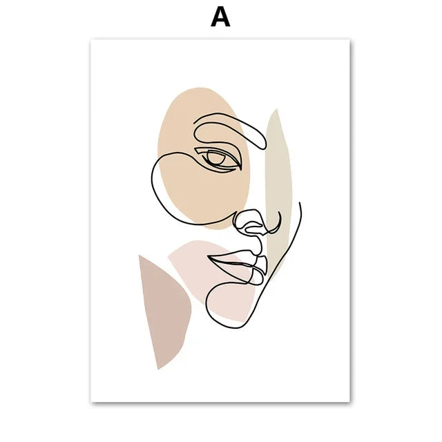 Abstract Line Women Face & Couple Kiss Canvas Wall Art