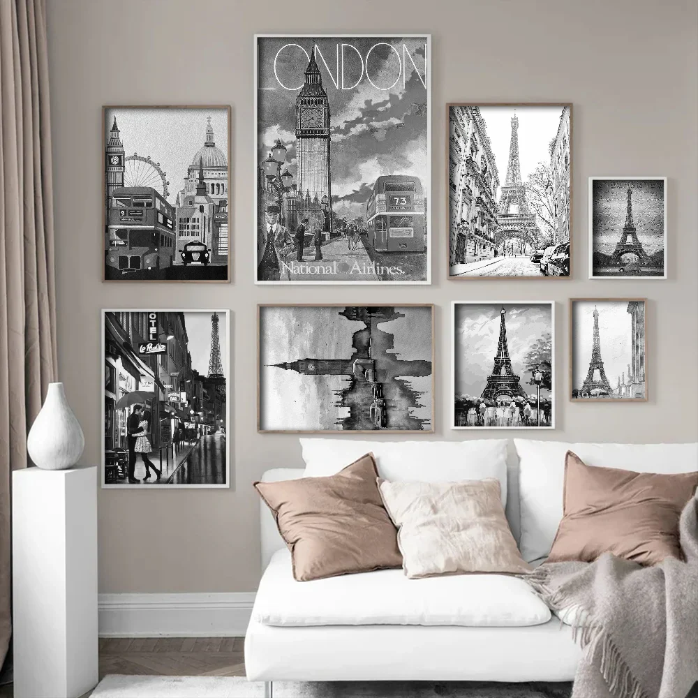 Retro Black & White Paris London Anime Posters for Wall Decor