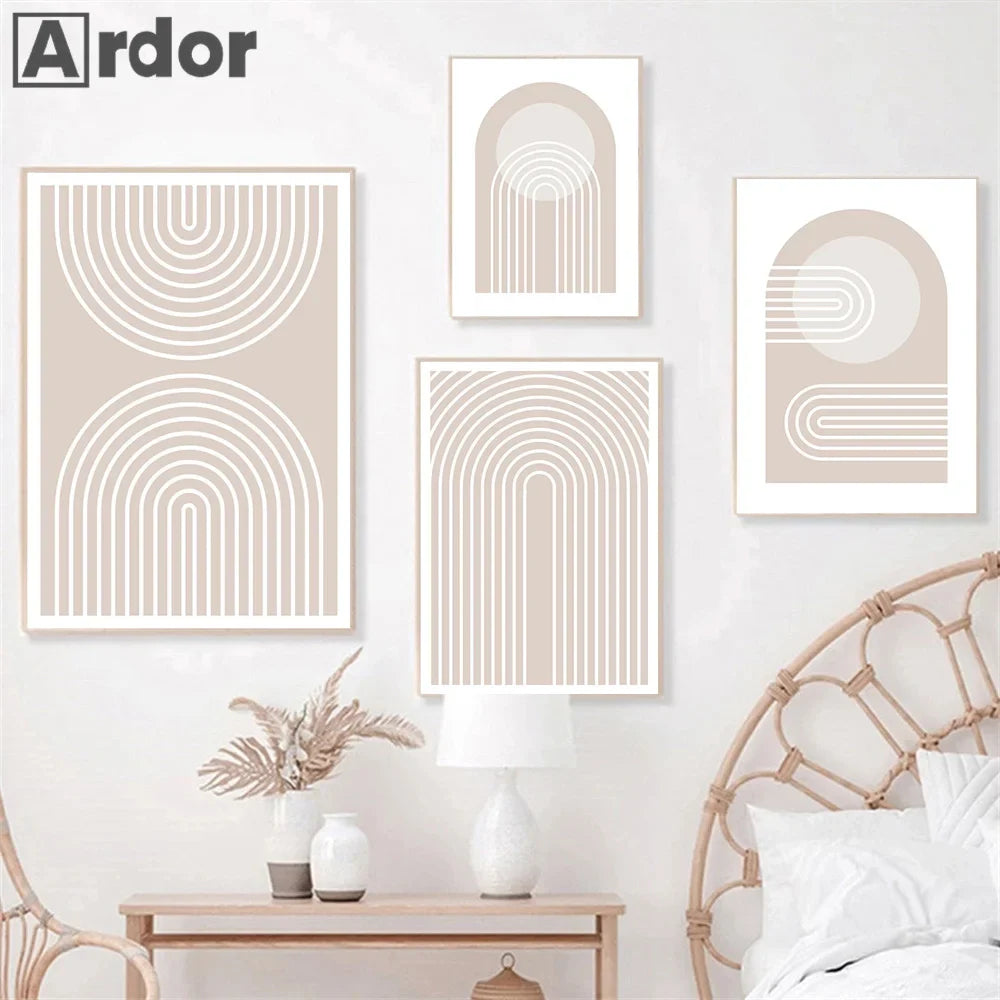 Pink Rainbow Geometric Abstract Canvas Wall Art for Living Room