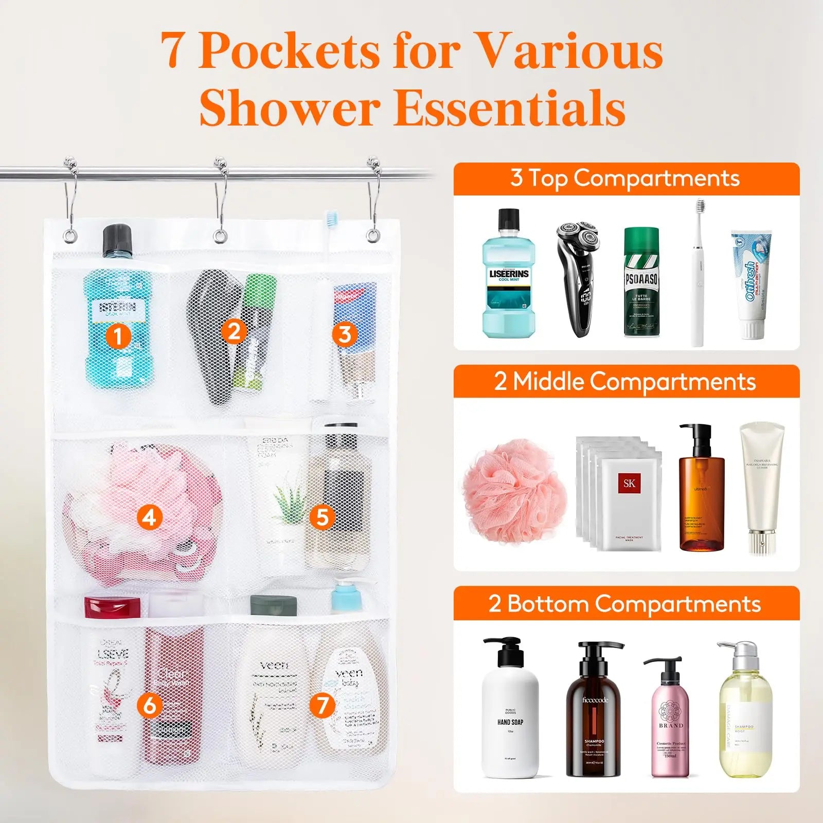 Hanging Mesh Shower Organizer Bag for Bathroom Storage