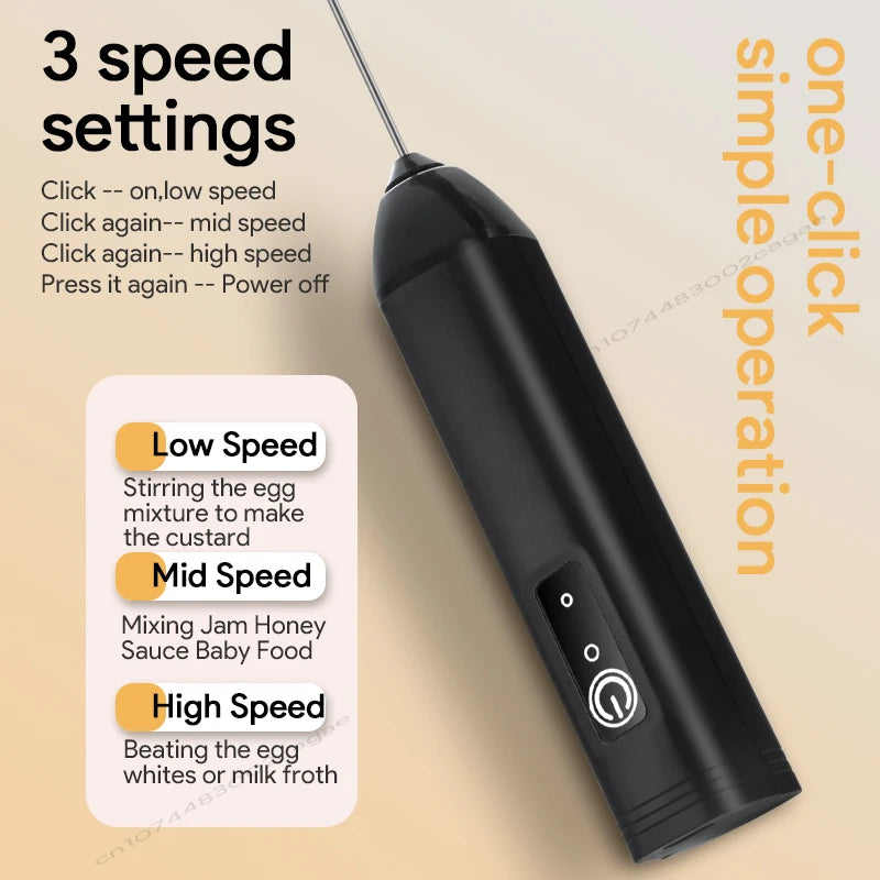 Electric Milk Frother & Egg Beater – USB Type-C Rechargeable 3-Speed Mini Handheld Foam Maker Coffee Whisk for Latte, Cappuccino & Cooking